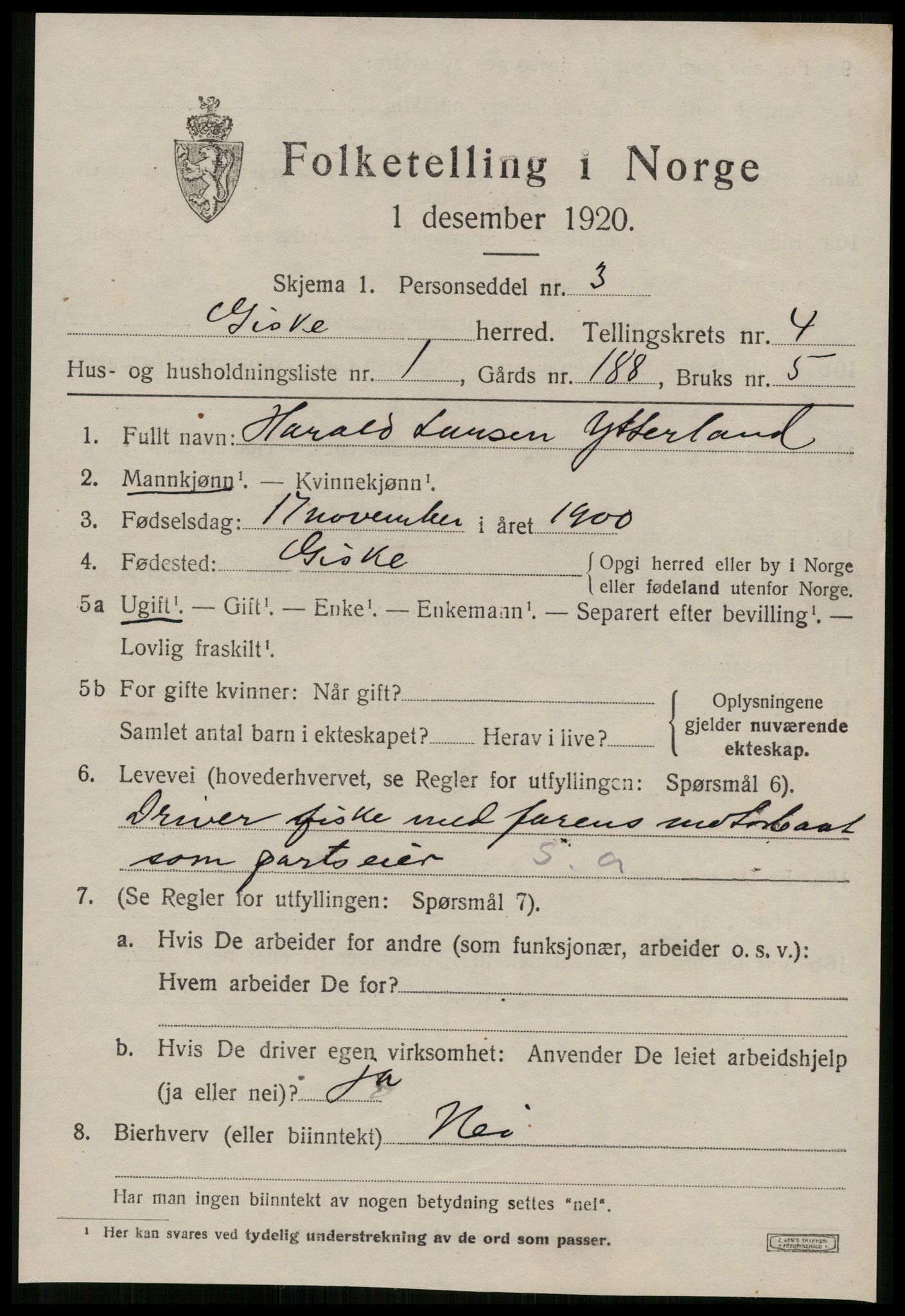 SAT, 1920 census for Giske, 1920, p. 2628