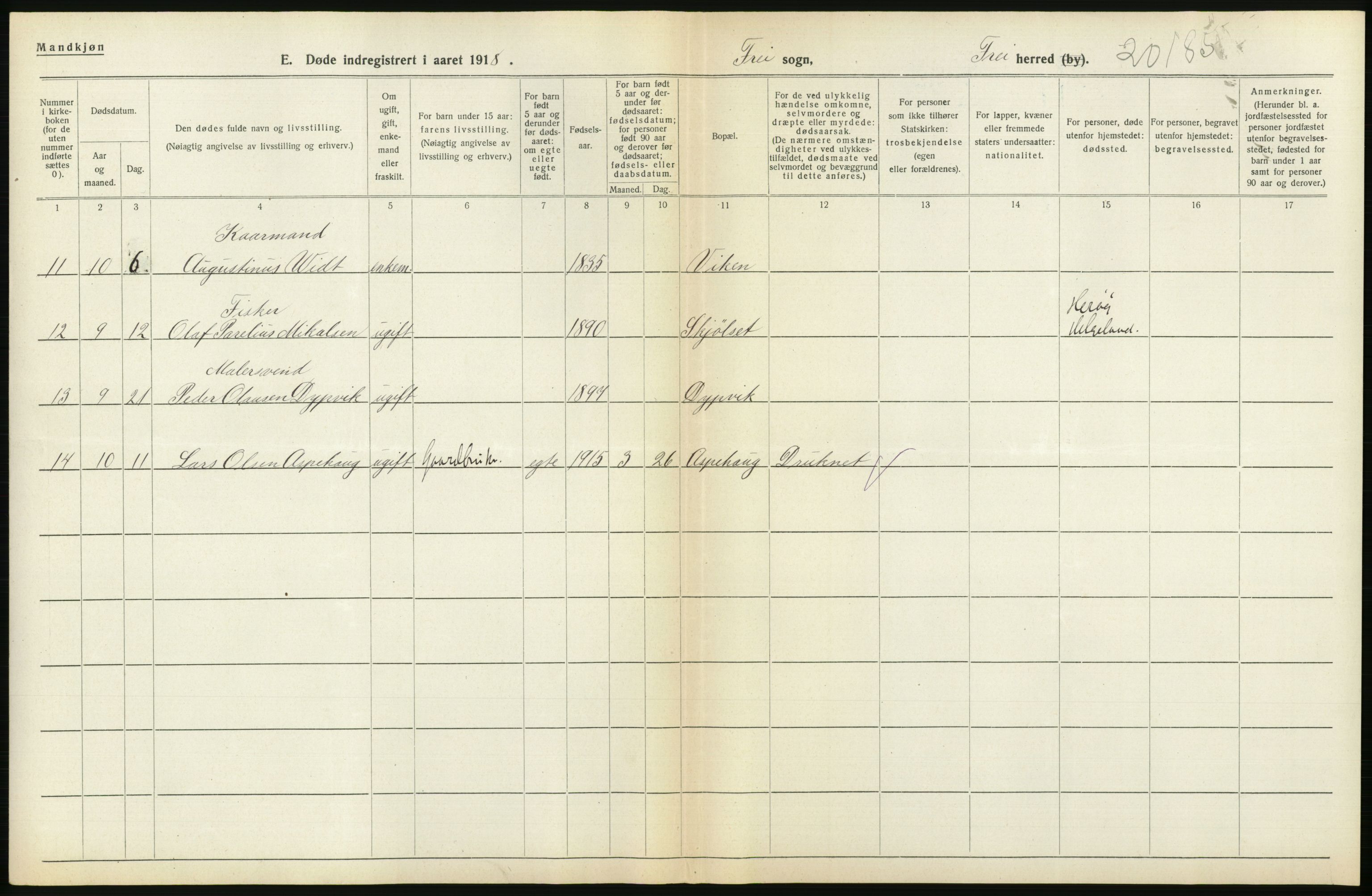 Statistisk sentralbyrå, Sosiodemografiske emner, Befolkning, RA/S-2228/D/Df/Dfb/Dfbh/L0045: Møre fylke: Døde. Bygder og byer., 1918, p. 482