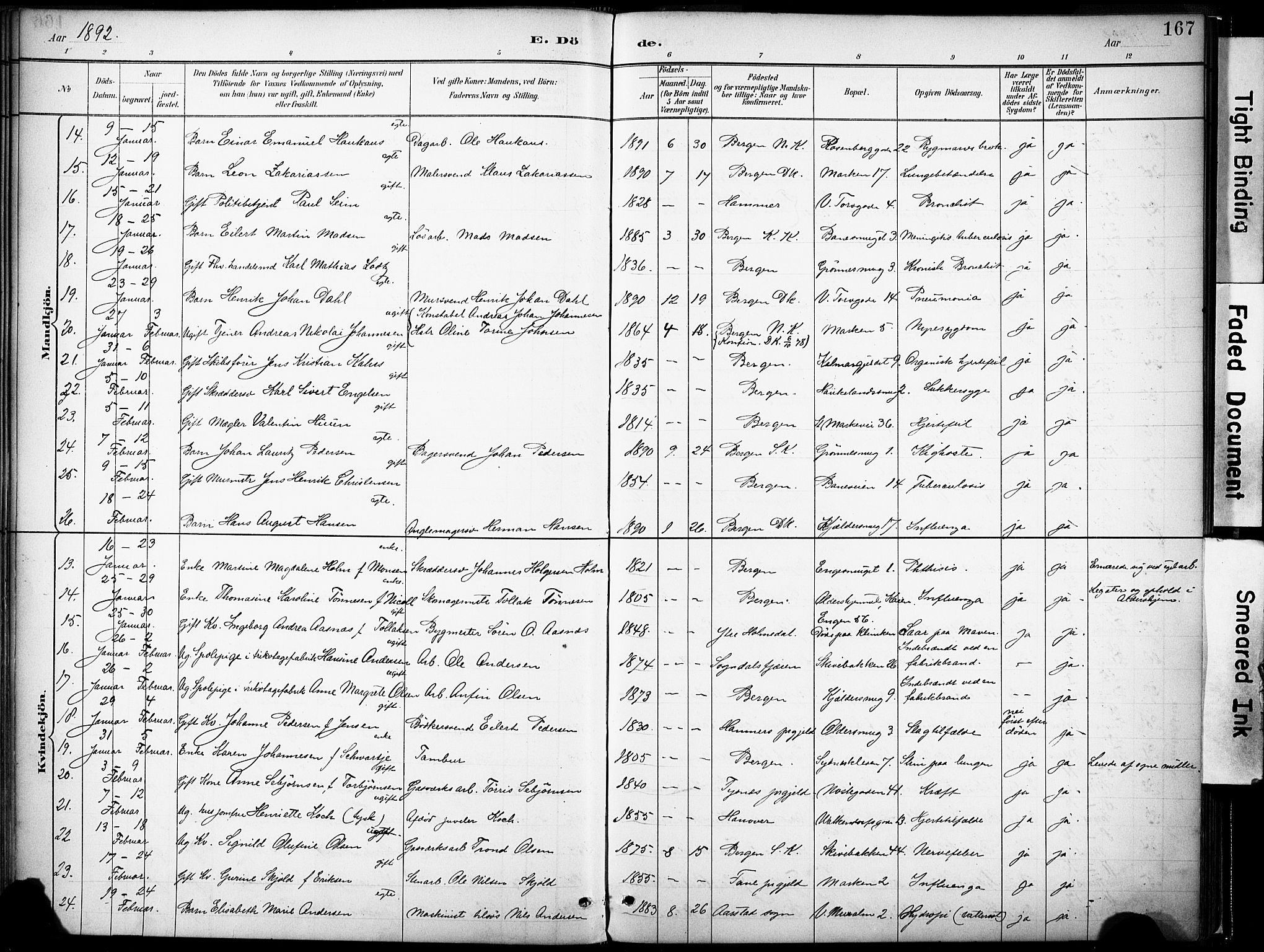 Domkirken sokneprestembete, AV/SAB-A-74801/H/Haa/L0043: Parish register (official) no. E 5, 1882-1904, p. 167