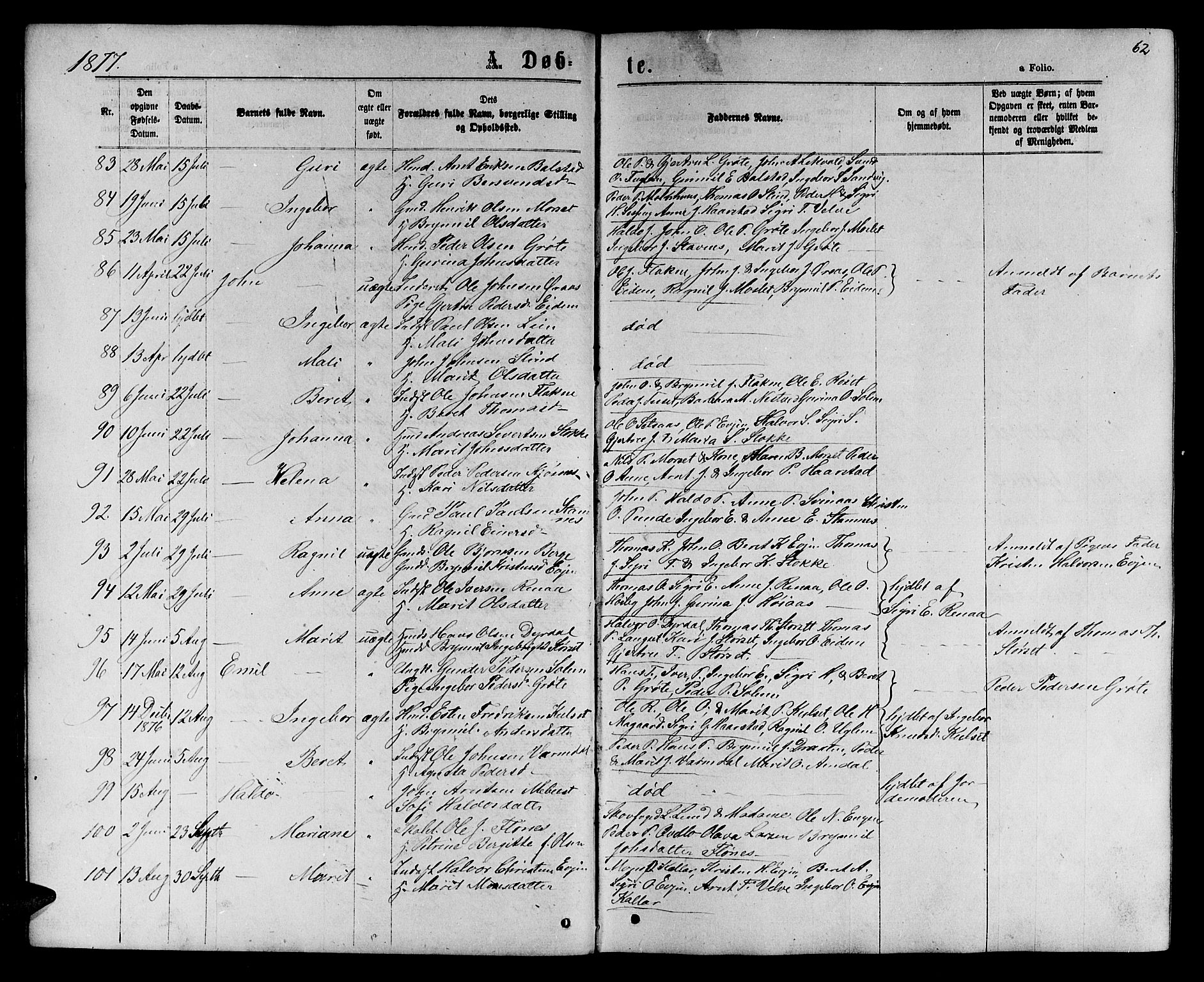 Ministerialprotokoller, klokkerbøker og fødselsregistre - Sør-Trøndelag, AV/SAT-A-1456/695/L1156: Parish register (copy) no. 695C07, 1869-1888, p. 62