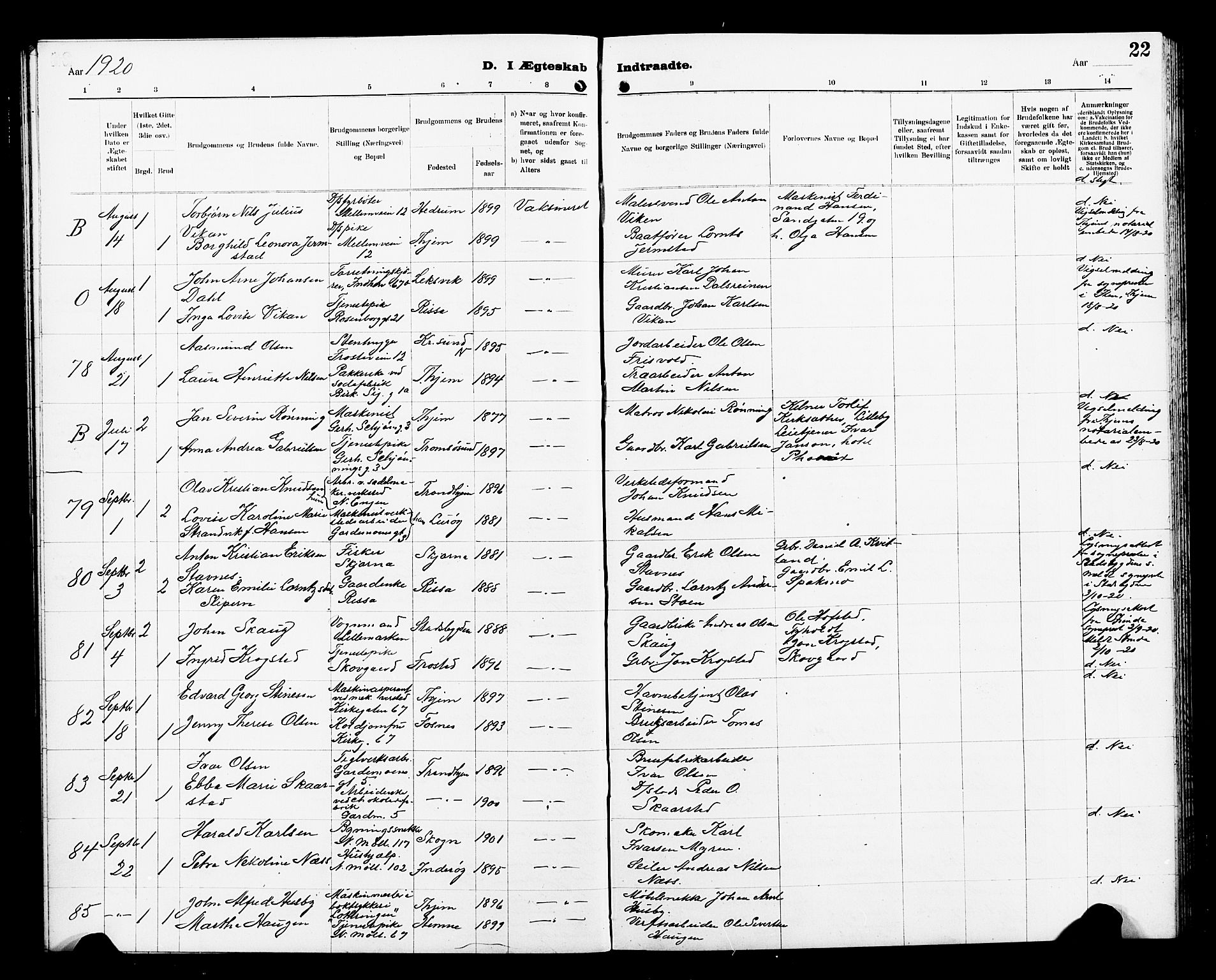 Ministerialprotokoller, klokkerbøker og fødselsregistre - Sør-Trøndelag, SAT/A-1456/605/L0257: Parish register (copy) no. 605C04, 1916-1922, p. 22