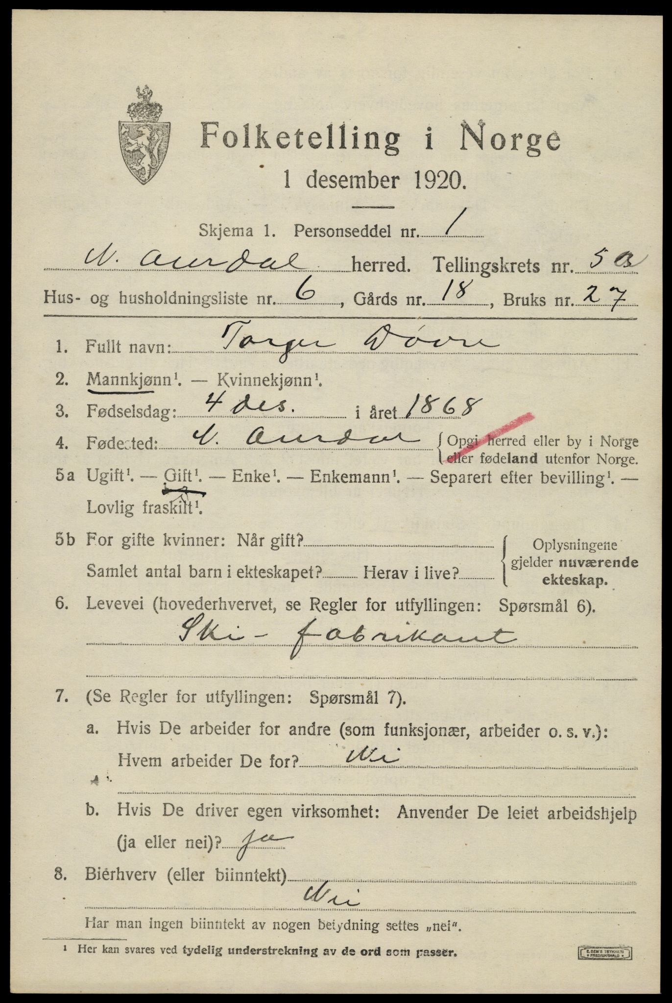 SAH, 1920 census for Nord-Aurdal, 1920, p. 4722