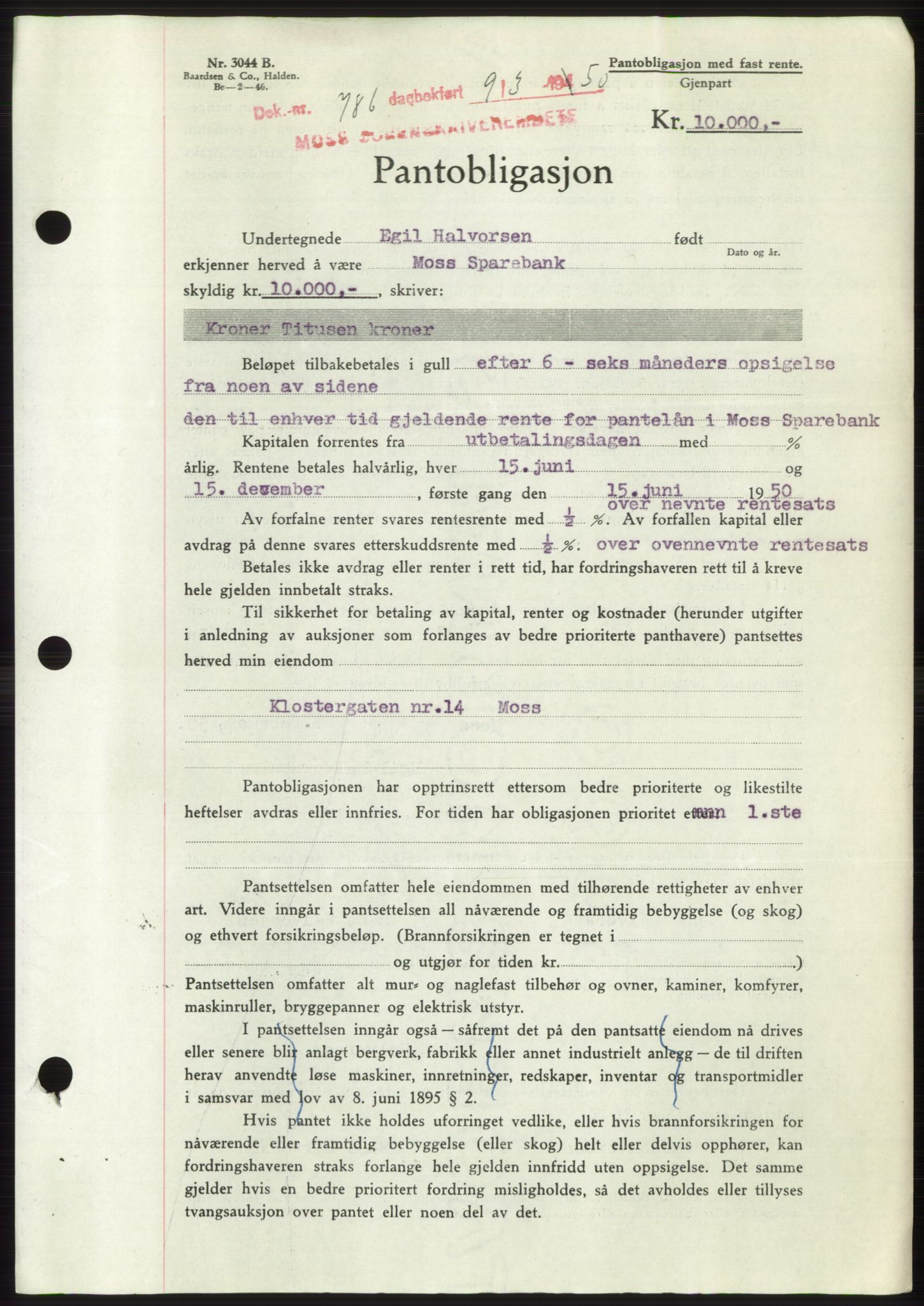 Moss sorenskriveri, SAO/A-10168: Mortgage book no. B23, 1949-1950, Diary no: : 786/1950