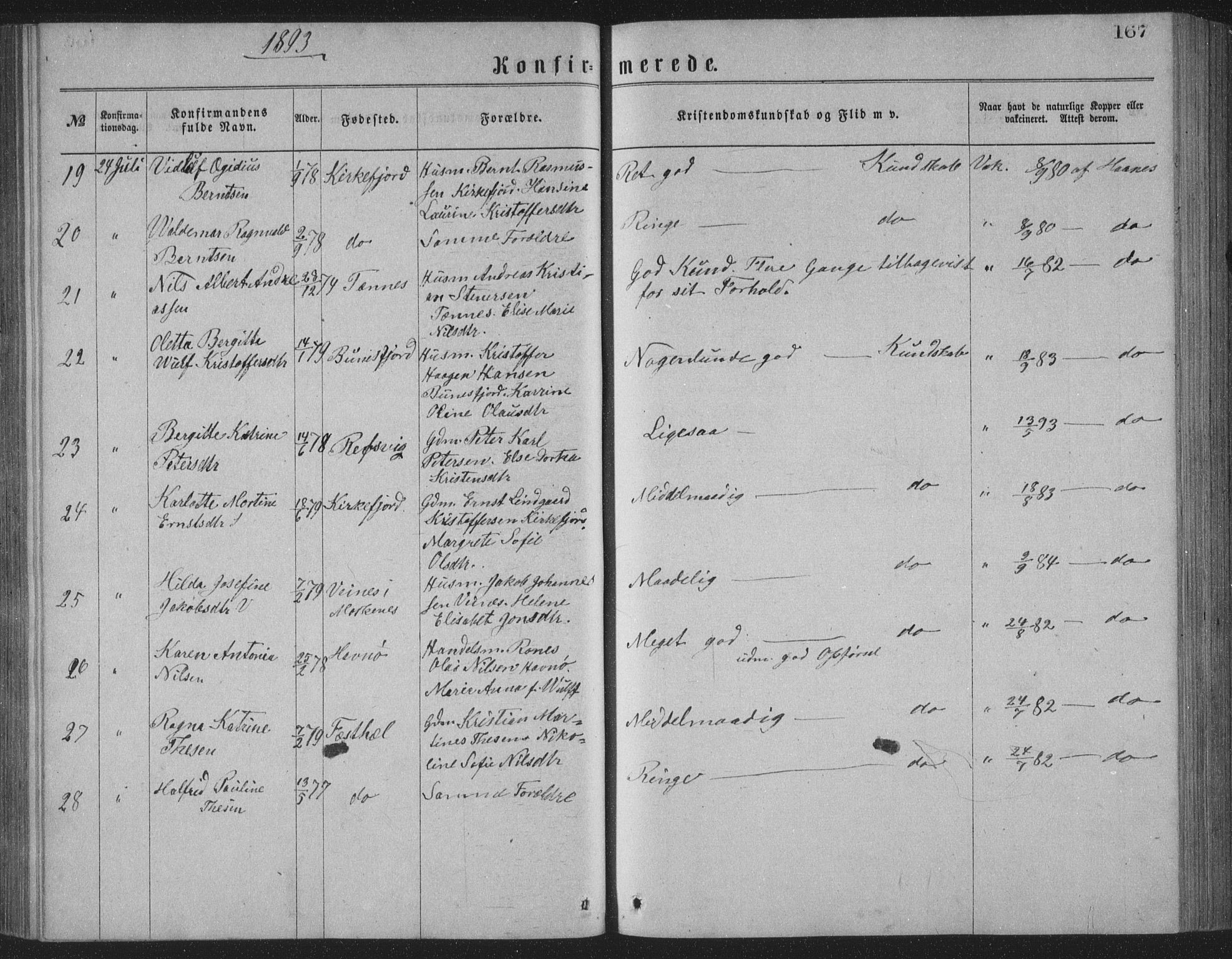 Ministerialprotokoller, klokkerbøker og fødselsregistre - Nordland, AV/SAT-A-1459/886/L1225: Parish register (copy) no. 886C02, 1874-1896, p. 167