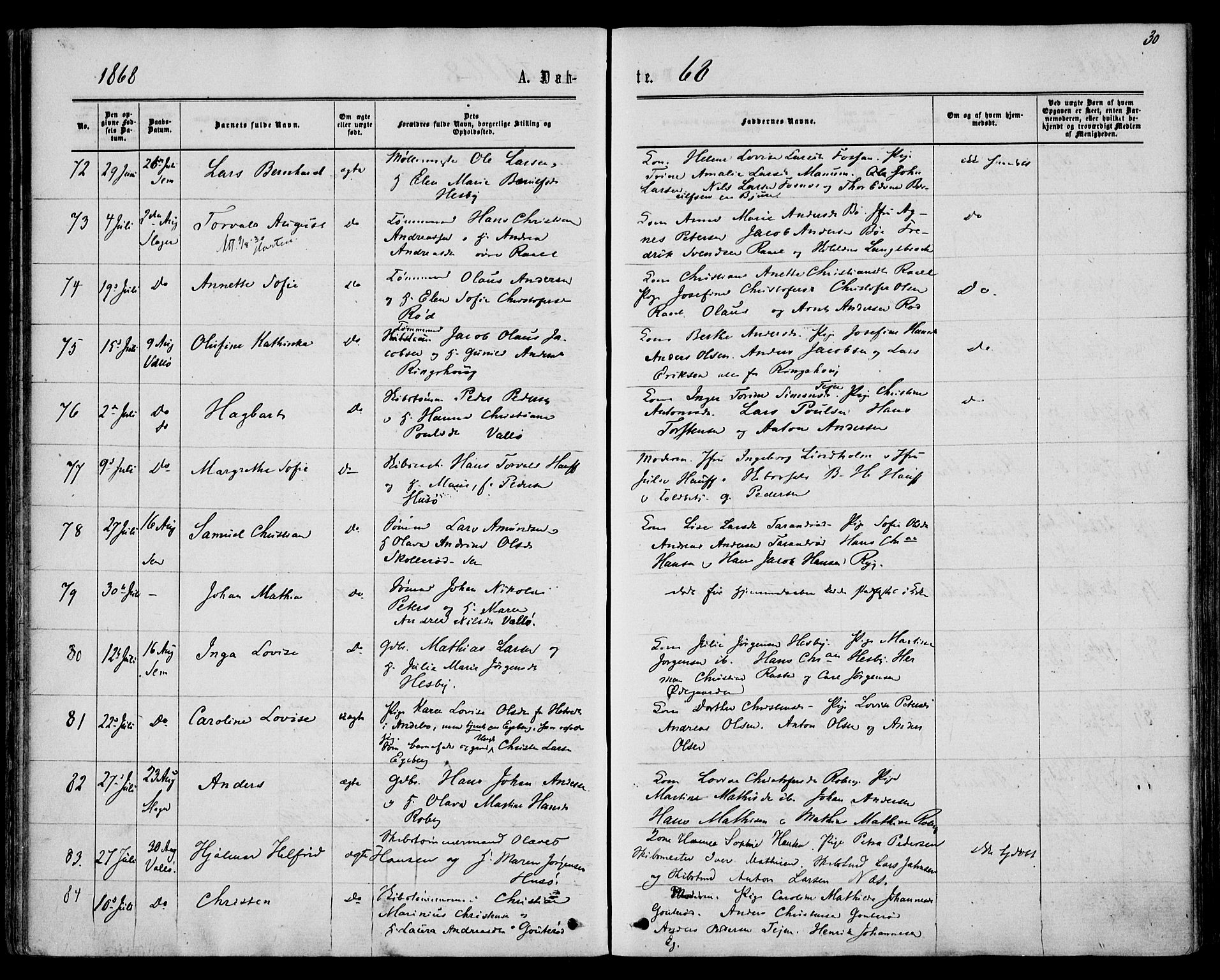 Sem kirkebøker, AV/SAKO-A-5/F/Fa/L0008: Parish register (official) no. I 8, 1866-1873, p. 30