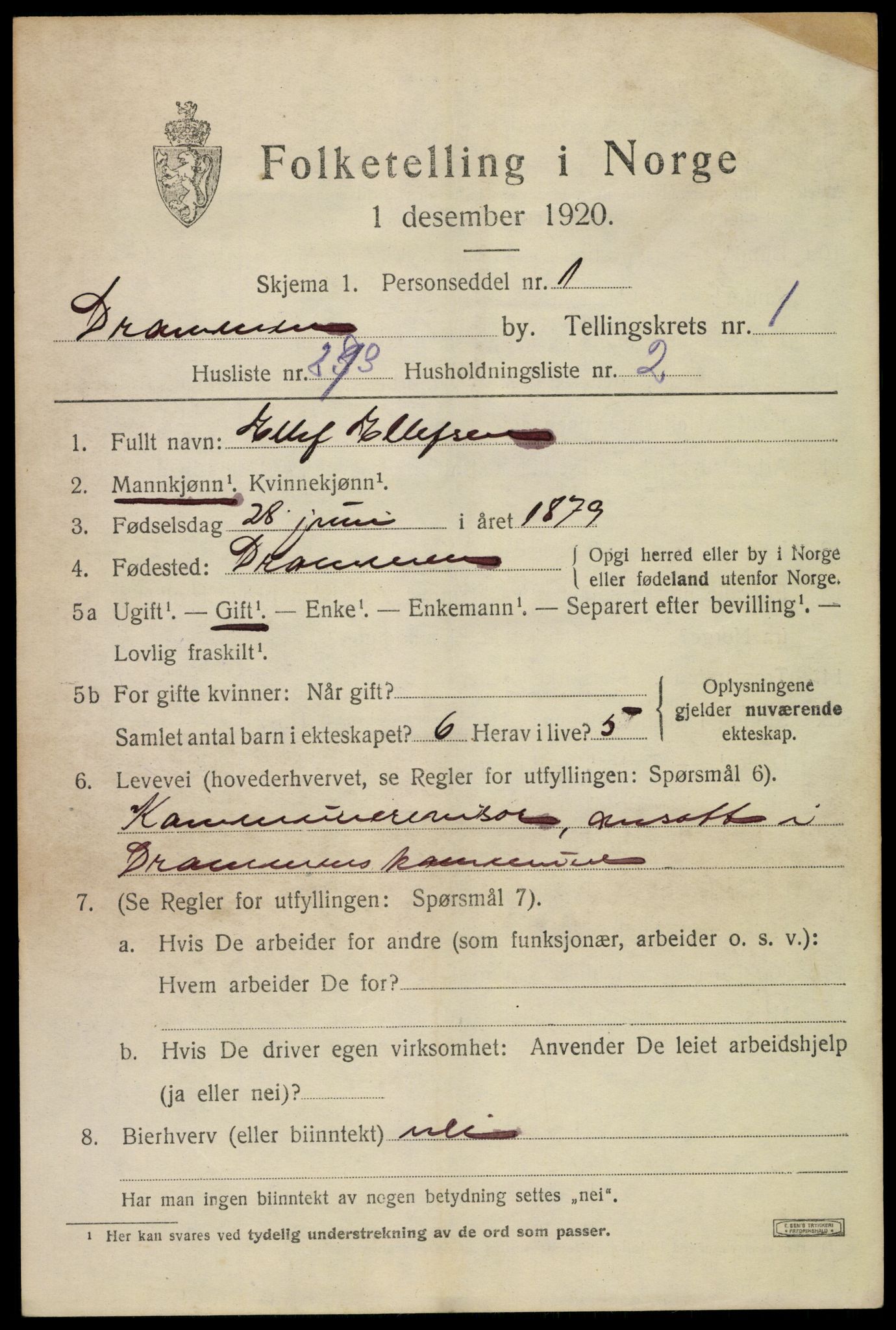 SAKO, 1920 census for Drammen, 1920, p. 52369