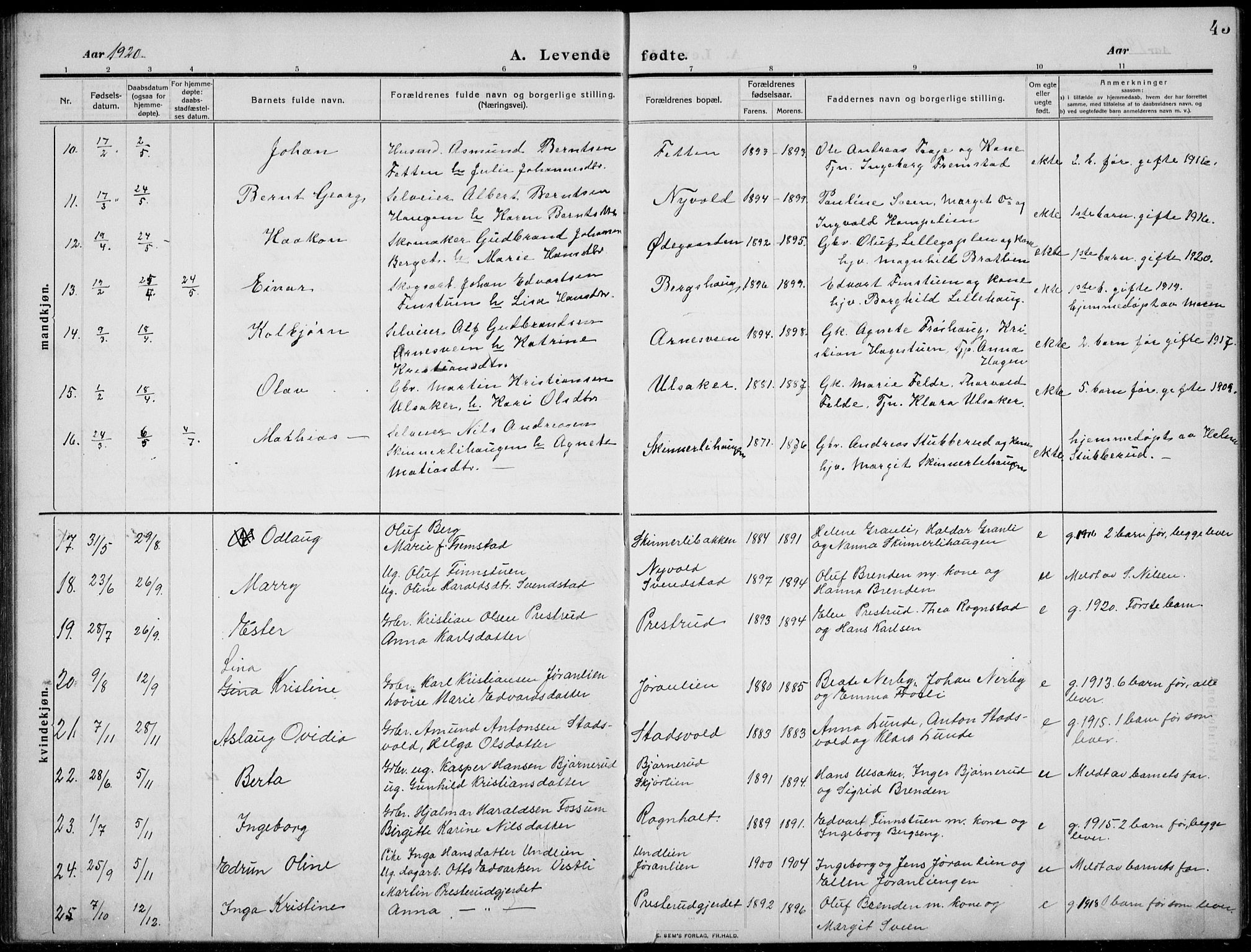 Nordre Land prestekontor, AV/SAH-PREST-124/H/Ha/Hab/L0002: Parish register (copy) no. 2, 1909-1934, p. 43