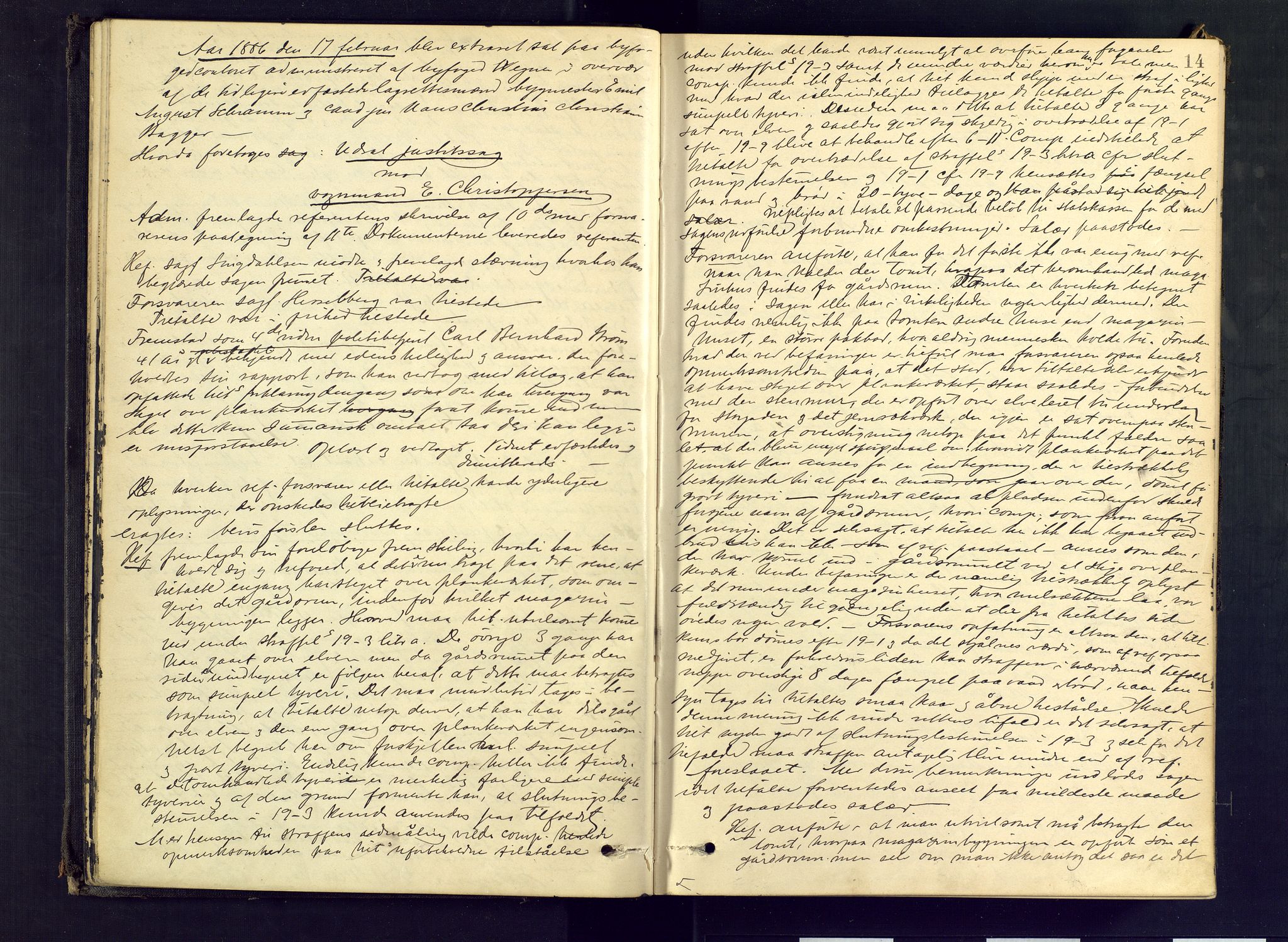 Larvik byfogd, AV/SAKO-A-218/F/Fd/L0012: Ekstrarettsprotokoll., 1885-1889, p. 14