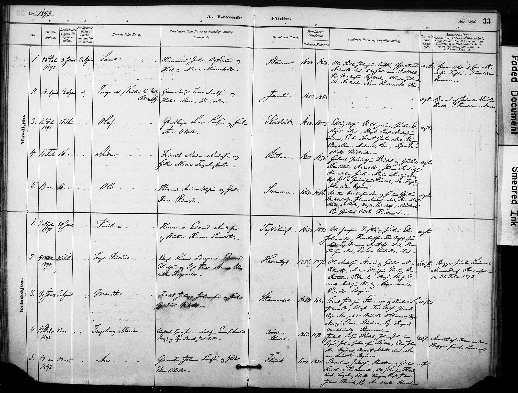 Ministerialprotokoller, klokkerbøker og fødselsregistre - Sør-Trøndelag, AV/SAT-A-1456/633/L0518: Parish register (official) no. 633A01, 1884-1906, p. 33