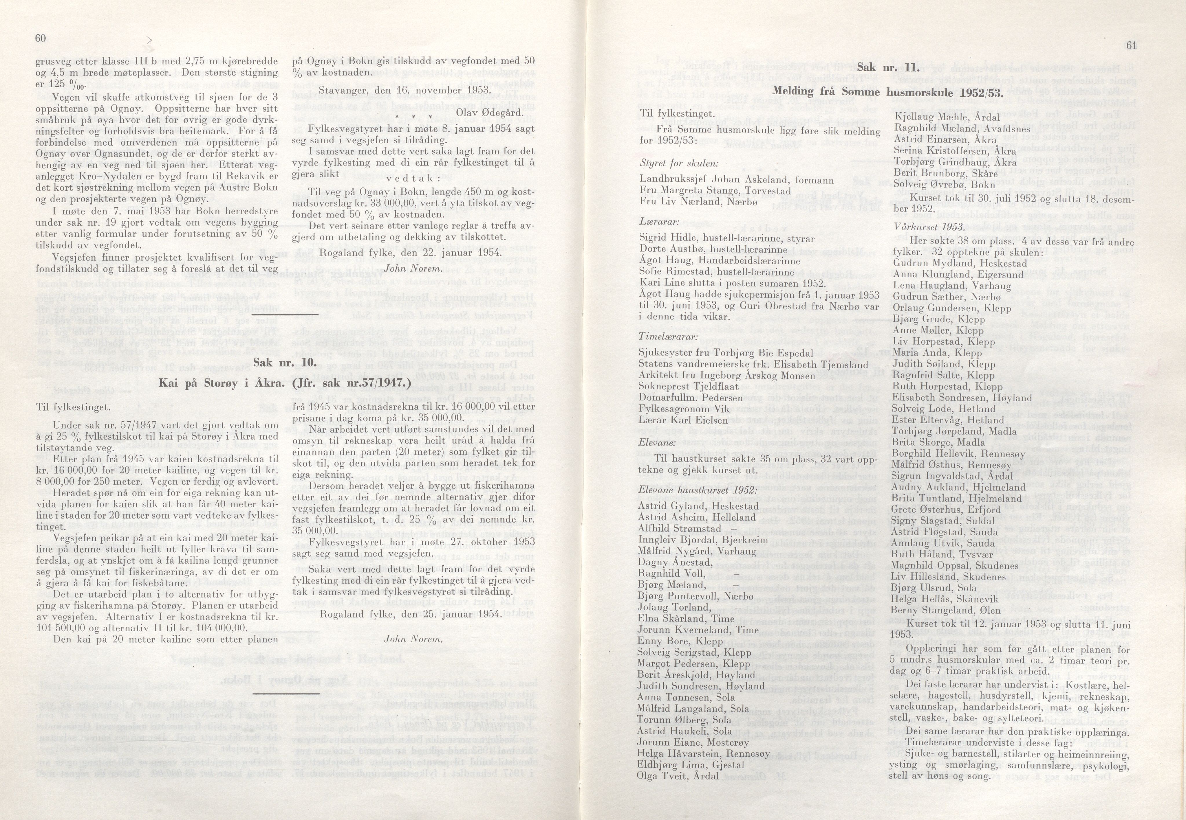 Rogaland fylkeskommune - Fylkesrådmannen , IKAR/A-900/A/Aa/Aaa/L0073: Møtebok , 1954, p. 60-61