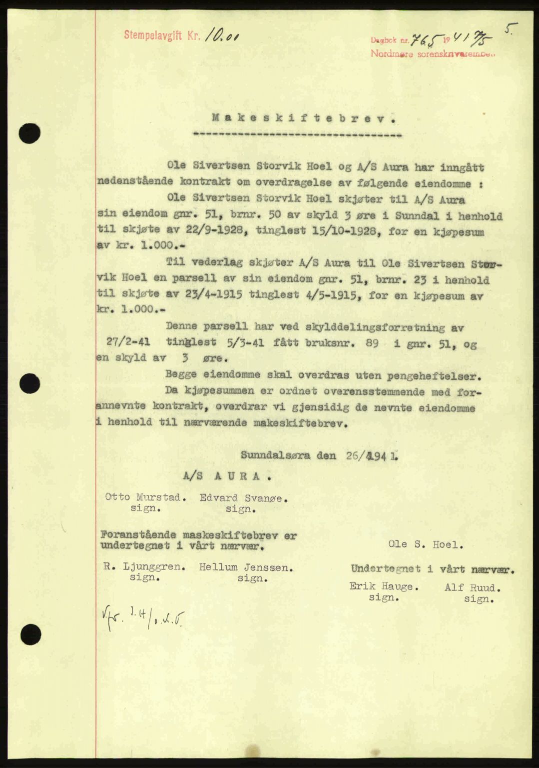 Nordmøre sorenskriveri, SAT/A-4132/1/2/2Ca: Mortgage book no. A90, 1941-1941, Diary no: : 765/1941