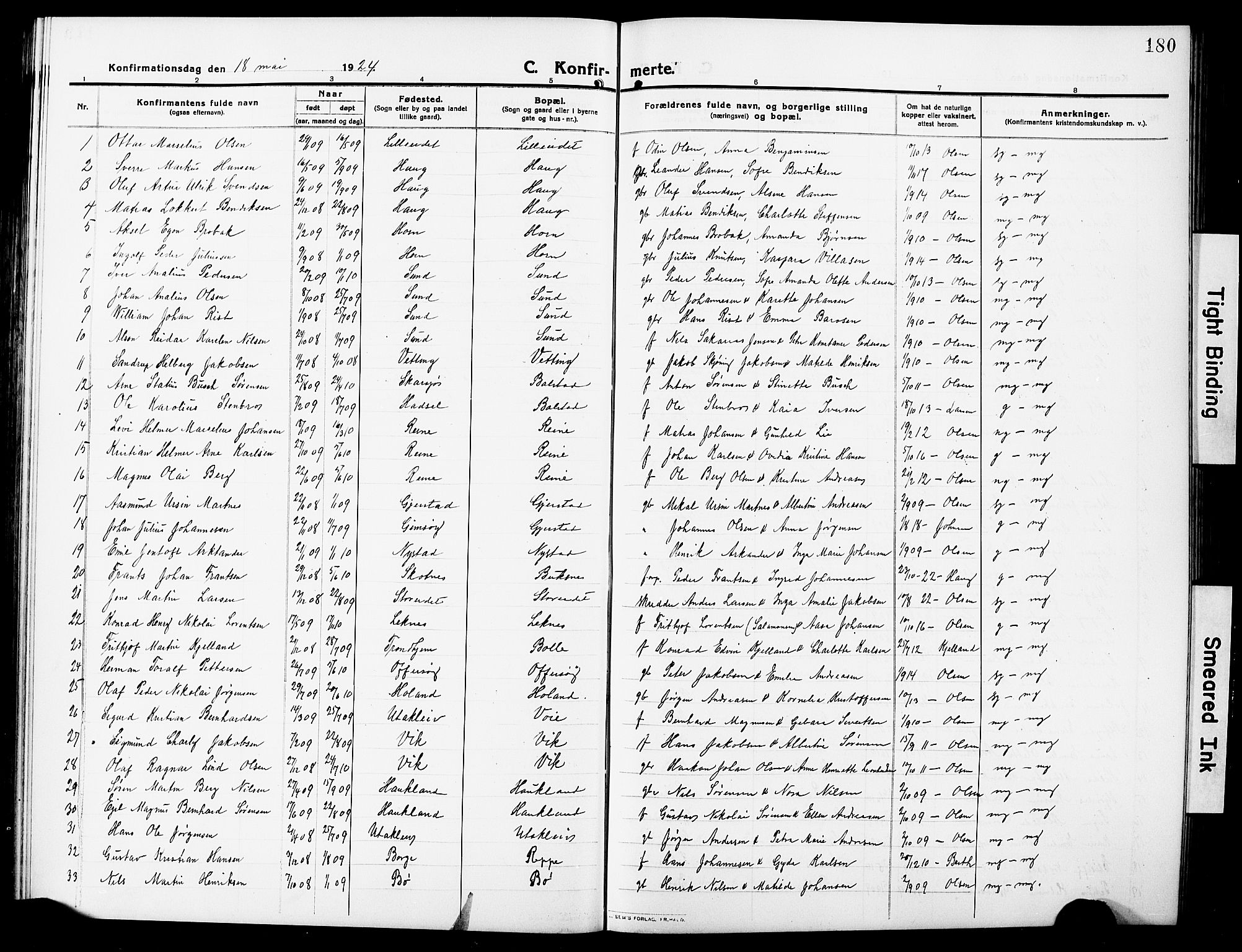 Ministerialprotokoller, klokkerbøker og fødselsregistre - Nordland, SAT/A-1459/881/L1169: Parish register (copy) no. 881C06, 1912-1930, p. 180