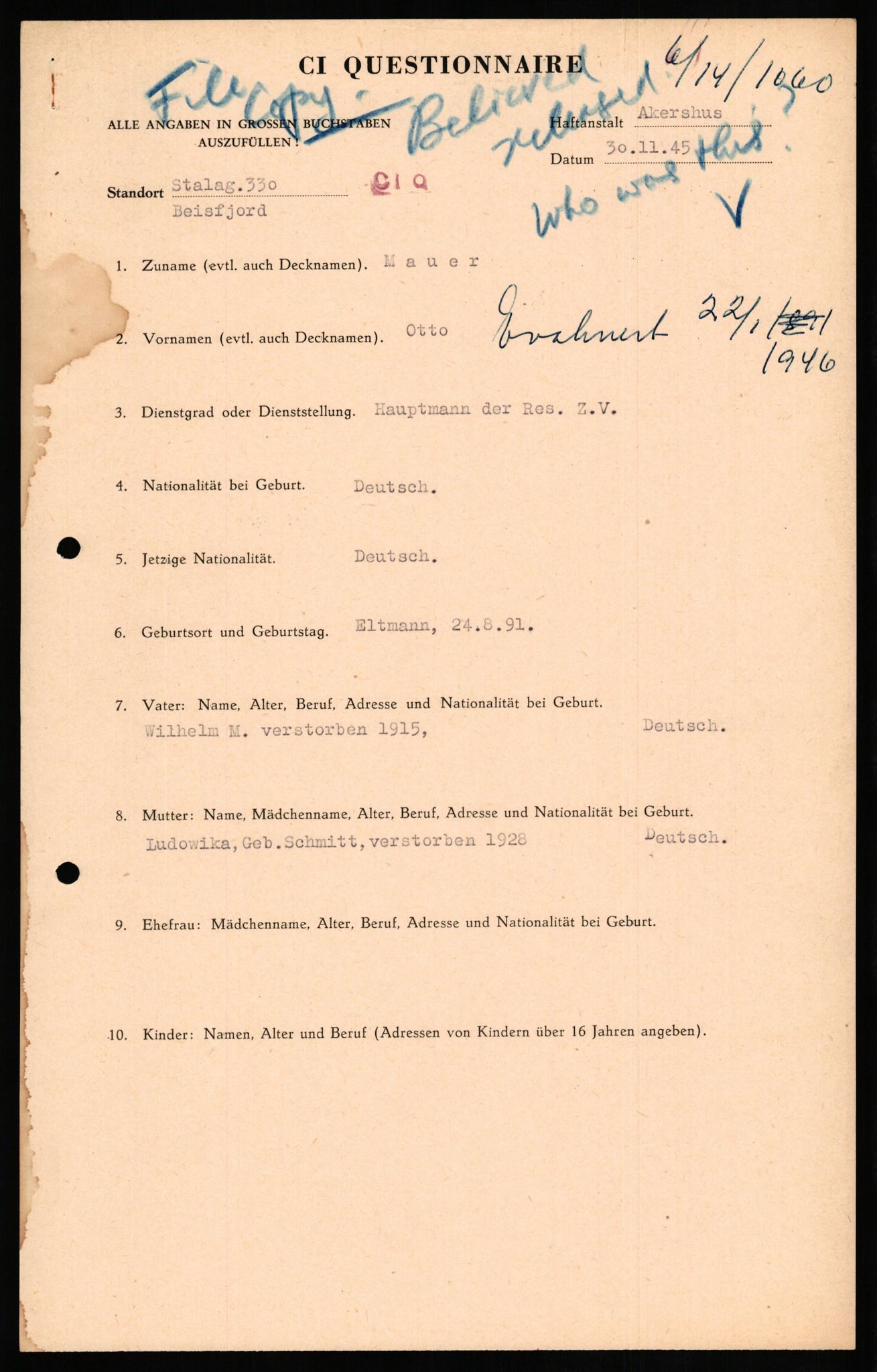 Forsvaret, Forsvarets overkommando II, RA/RAFA-3915/D/Db/L0021: CI Questionaires. Tyske okkupasjonsstyrker i Norge. Tyskere., 1945-1946, p. 233