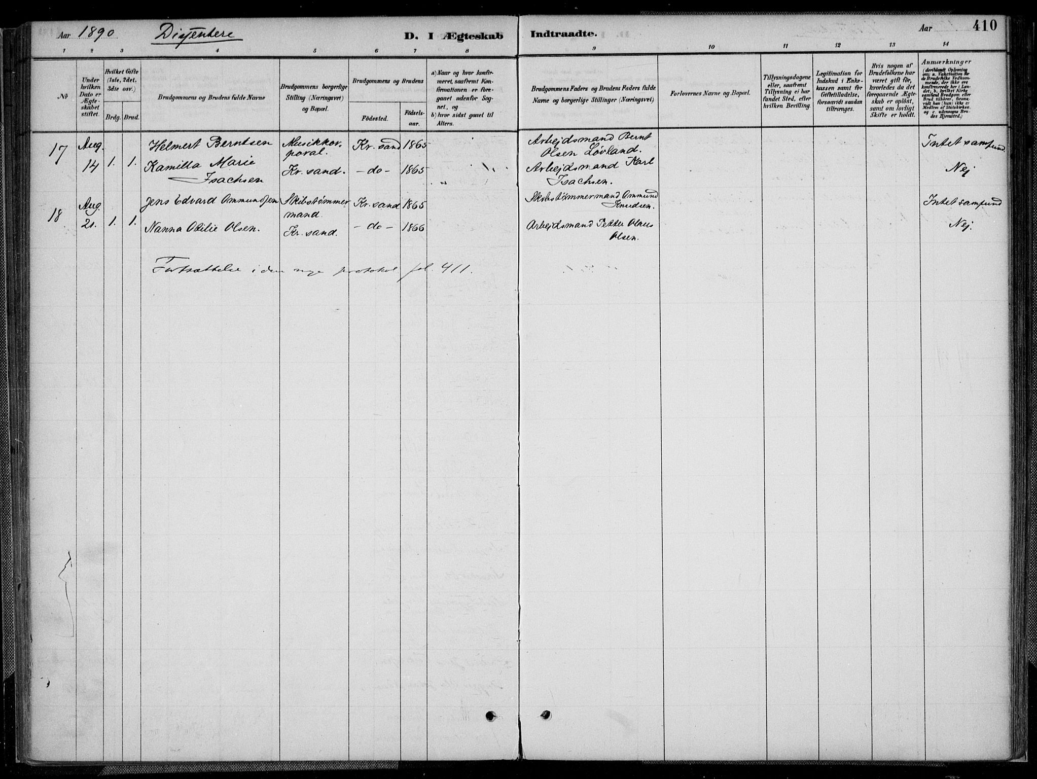 Kristiansand domprosti, AV/SAK-1112-0006/F/Fa/L0017: Parish register (official) no. A 16B, 1880-1890, p. 410