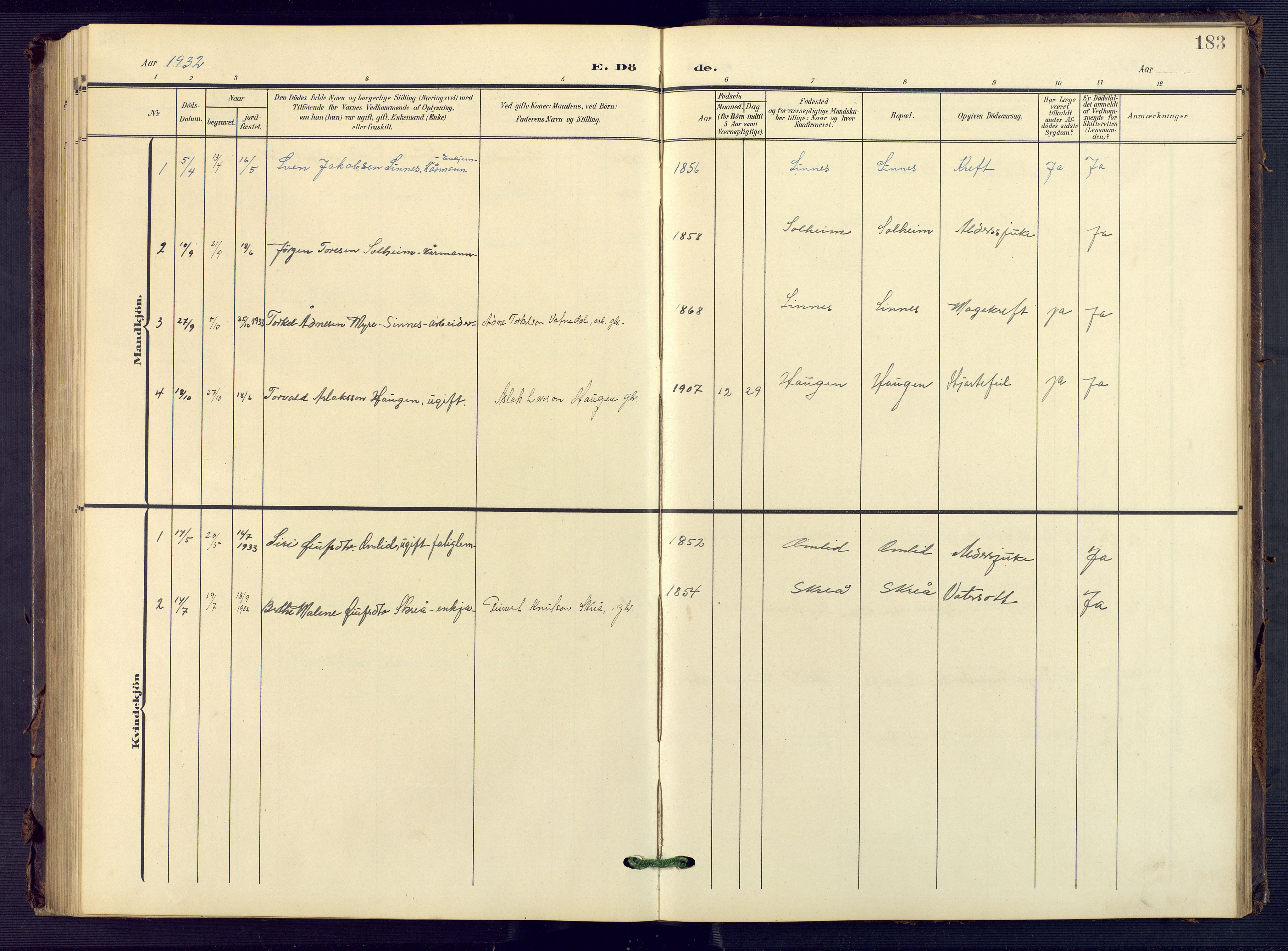 Sirdal sokneprestkontor, AV/SAK-1111-0036/F/Fb/Fba/L0002: Parish register (copy) no. B 2, 1905-1958, p. 183