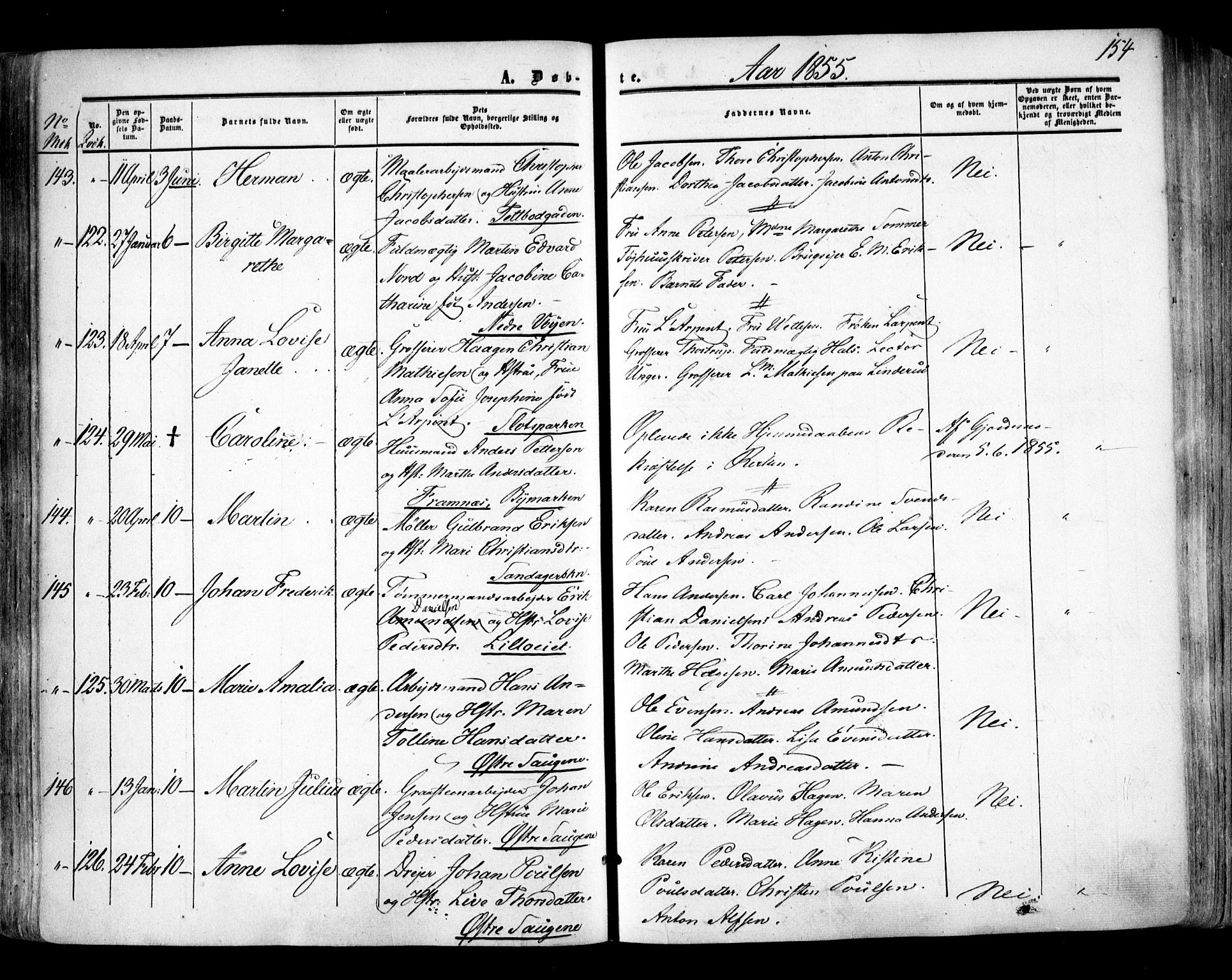 Aker prestekontor kirkebøker, SAO/A-10861/F/L0020: Parish register (official) no. 20, 1853-1857, p. 154
