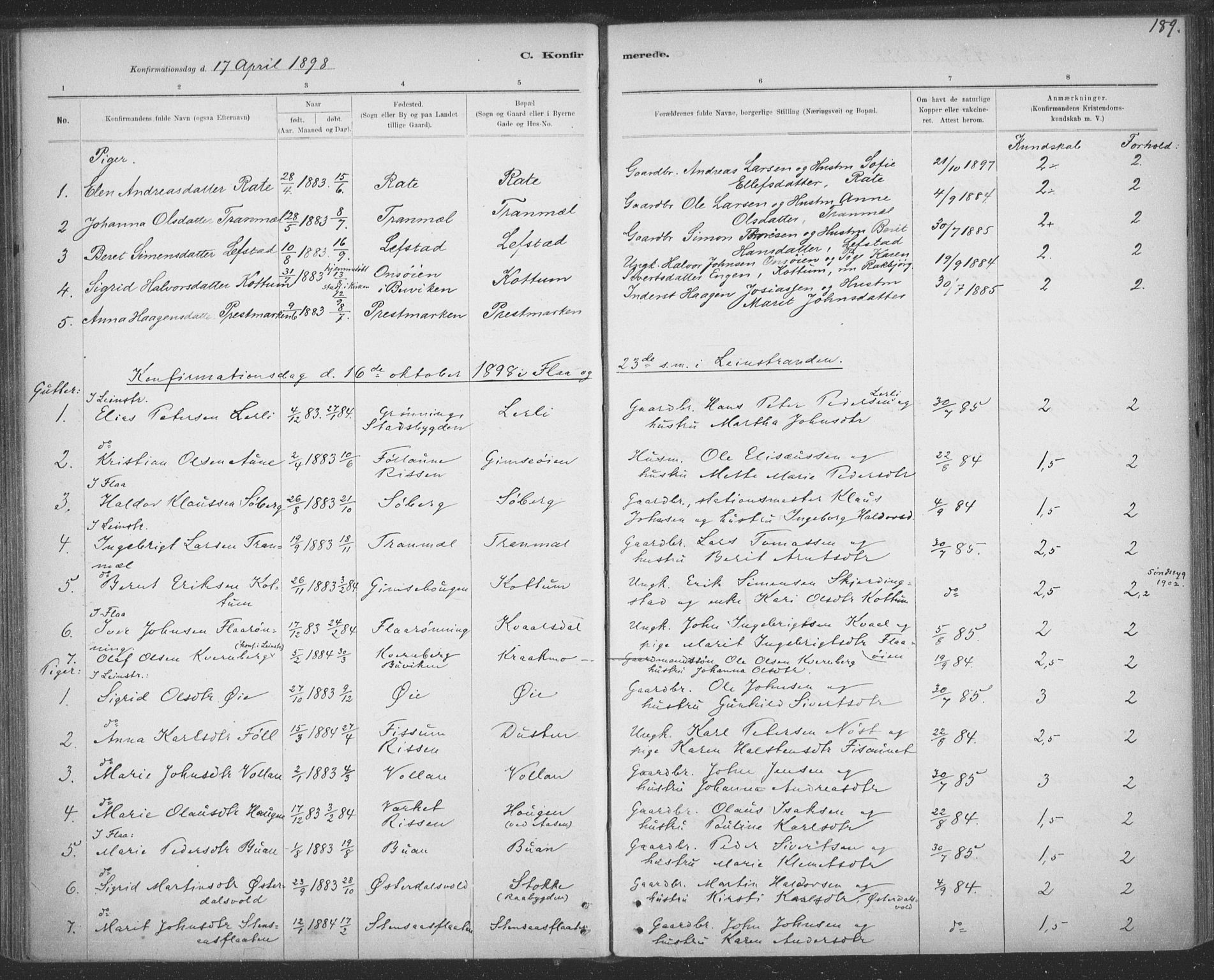 Ministerialprotokoller, klokkerbøker og fødselsregistre - Sør-Trøndelag, AV/SAT-A-1456/691/L1085: Parish register (official) no. 691A17, 1887-1908, p. 189