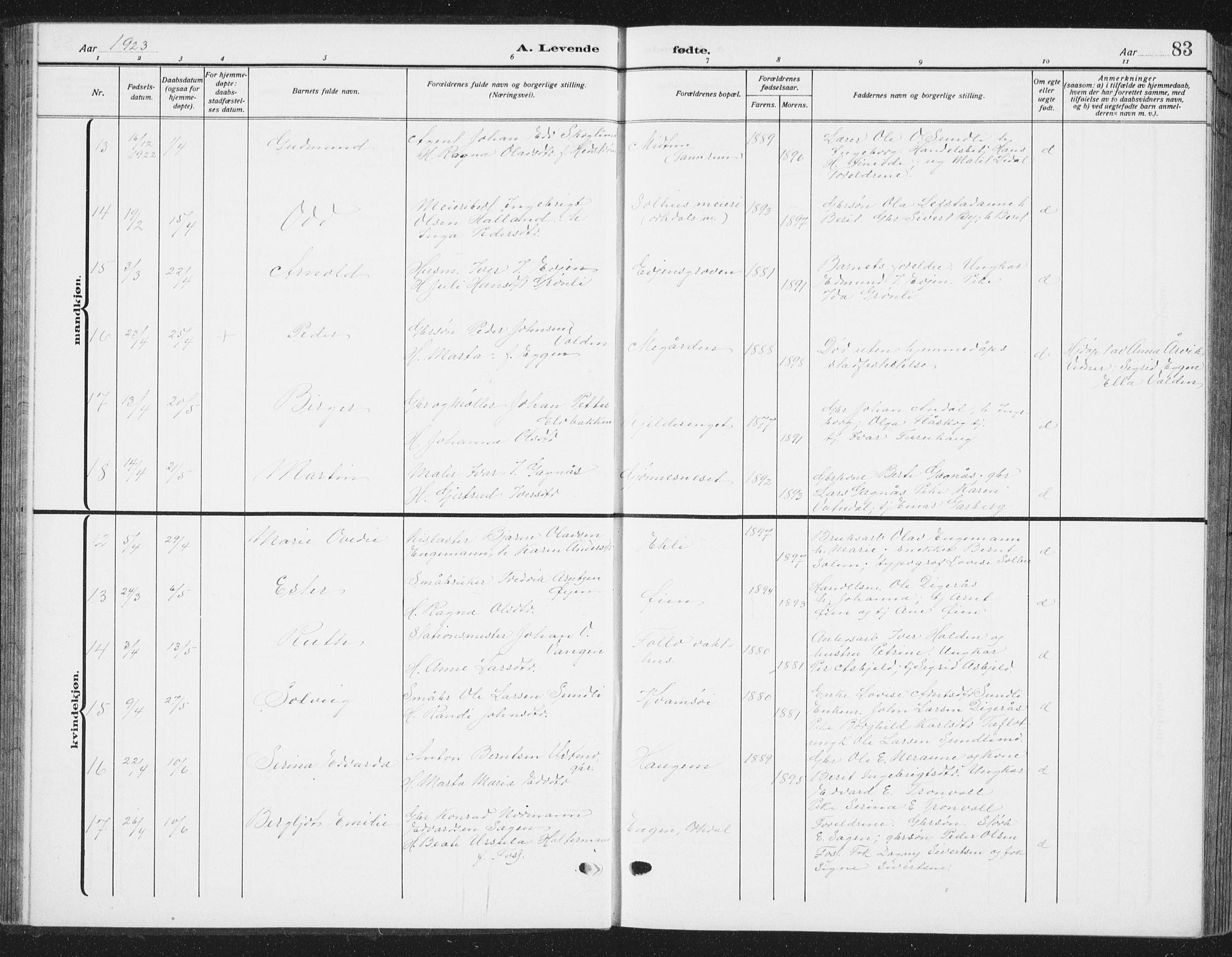 Ministerialprotokoller, klokkerbøker og fødselsregistre - Sør-Trøndelag, AV/SAT-A-1456/668/L0820: Parish register (copy) no. 668C09, 1912-1936, p. 83