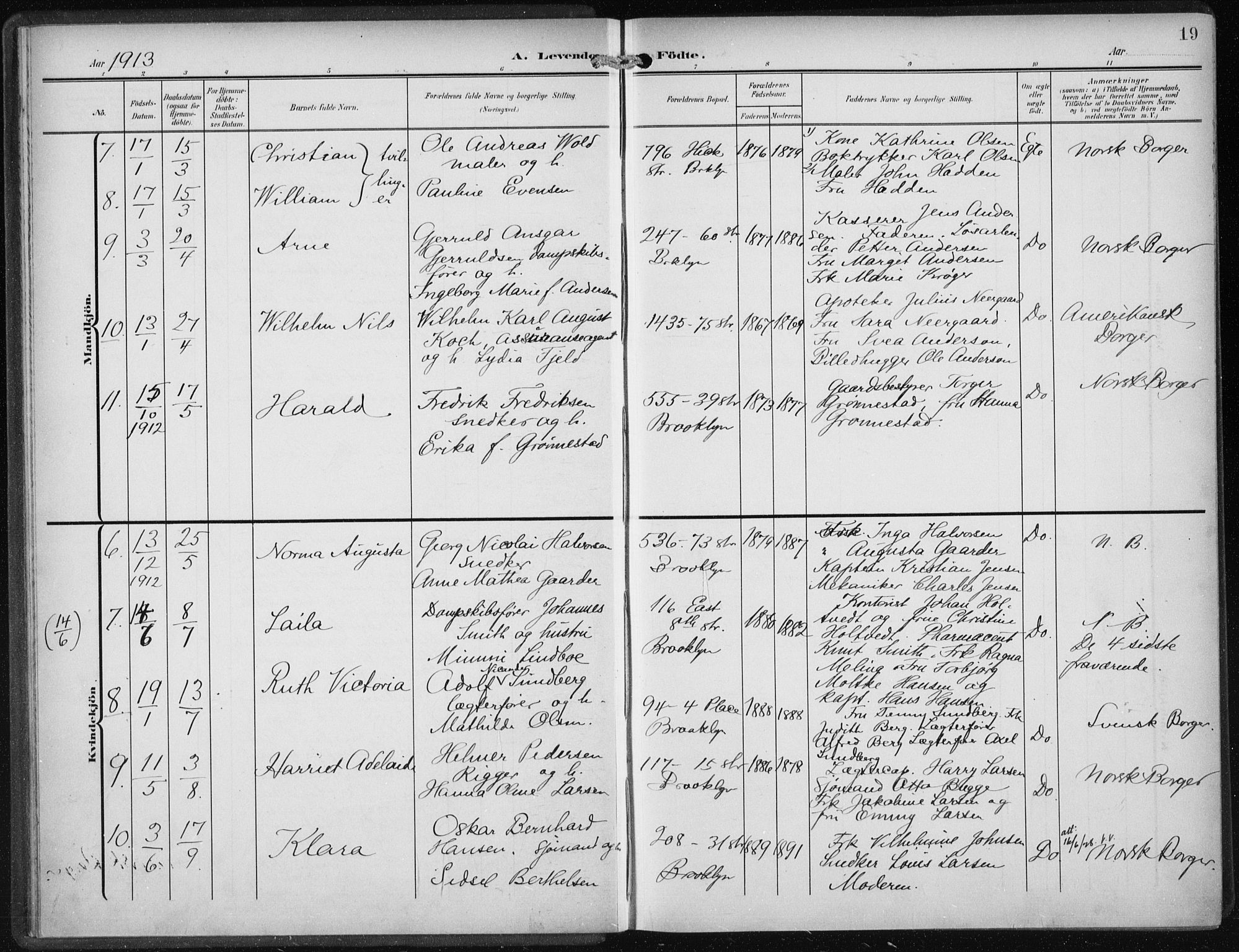 Den norske sjømannsmisjon i utlandet/New York, AV/SAB-SAB/PA-0110/H/Ha/L0006: Parish register (official) no. A 6, 1909-1914, p. 19