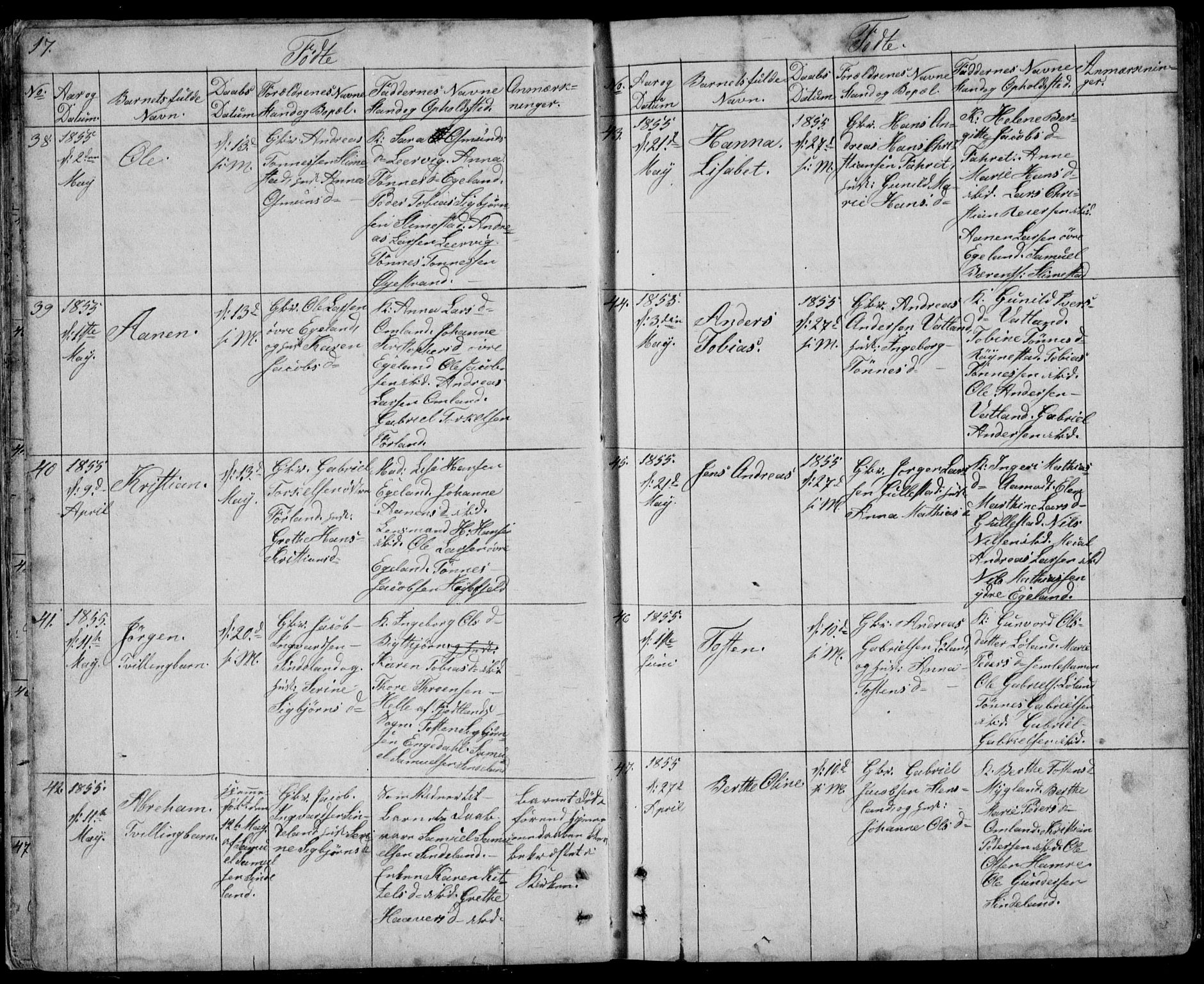 Kvinesdal sokneprestkontor, SAK/1111-0026/F/Fb/Fbb/L0001: Parish register (copy) no. B 1, 1852-1872, p. 17