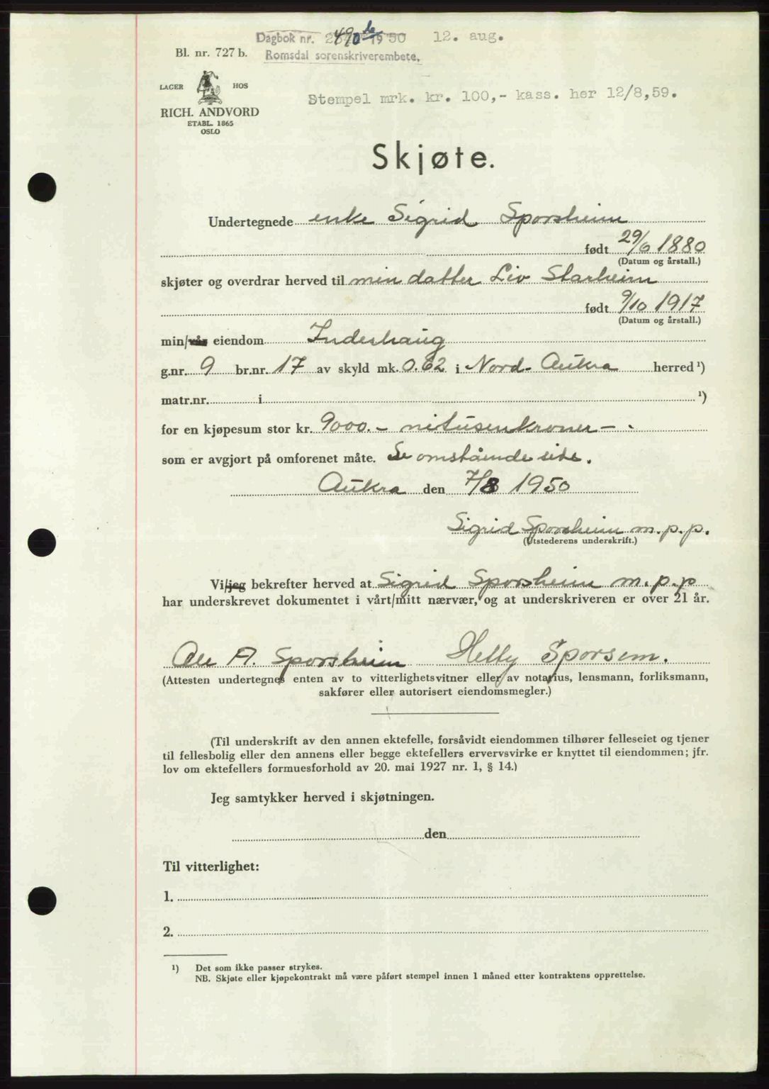 Romsdal sorenskriveri, AV/SAT-A-4149/1/2/2C: Mortgage book no. A34, 1950-1950, Diary no: : 2490/1950