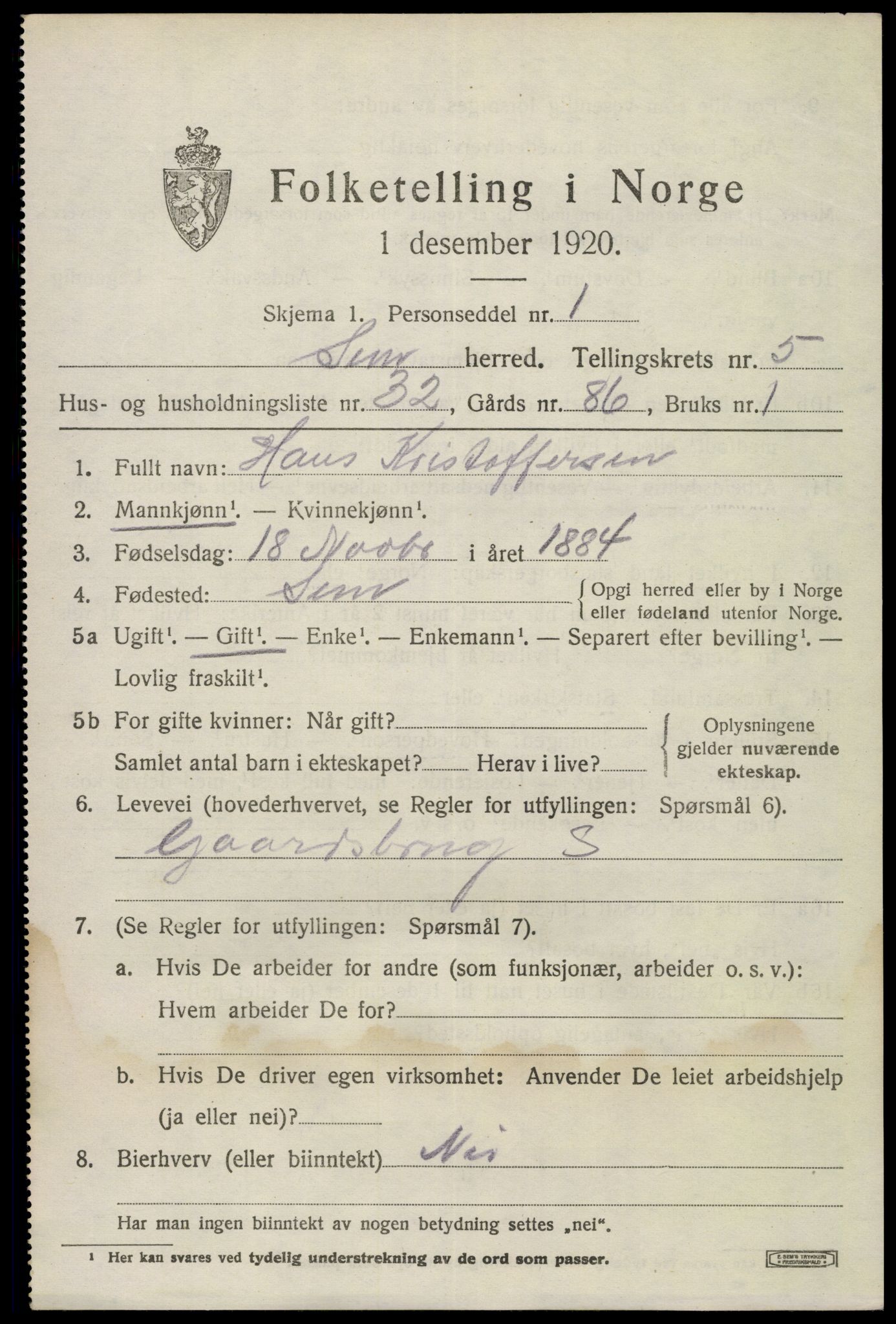 SAKO, 1920 census for Sem, 1920, p. 8145