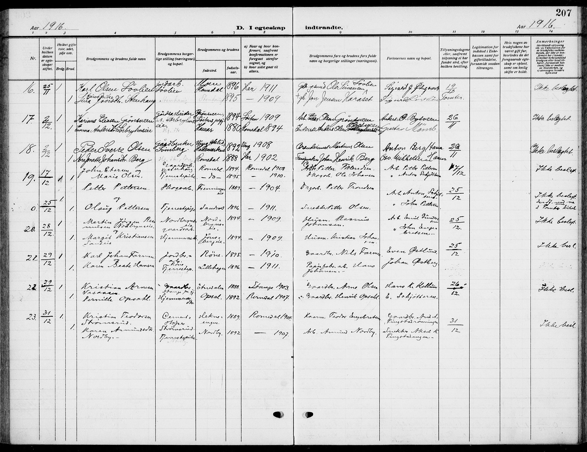 Romedal prestekontor, SAH/PREST-004/K/L0012: Parish register (official) no. 12, 1913-1935, p. 207