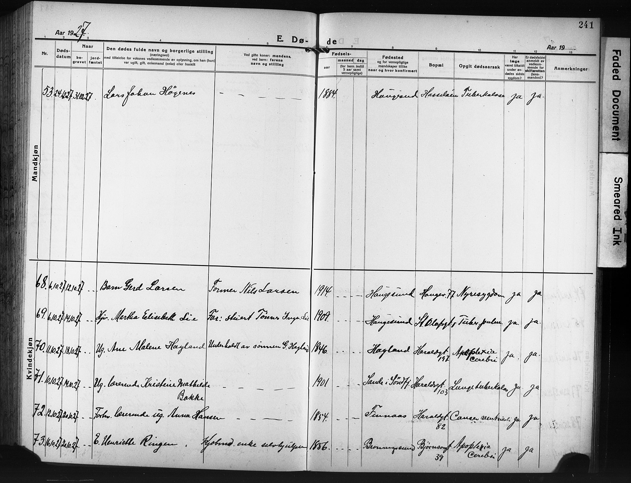 Haugesund sokneprestkontor, AV/SAST-A -101863/H/Ha/Hab/L0010: Parish register (copy) no. B 10, 1920-1931, p. 241