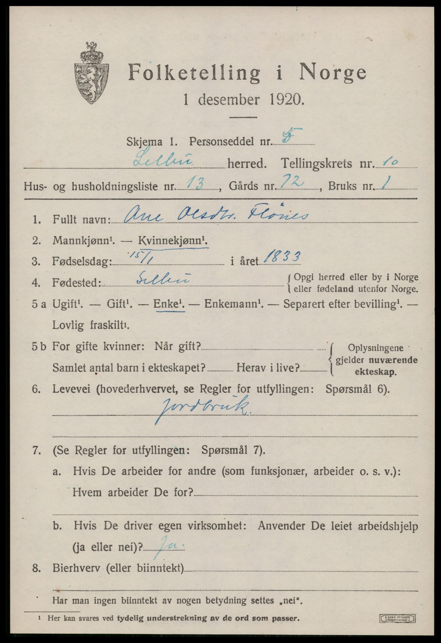 SAT, 1920 census for Selbu, 1920, p. 5882