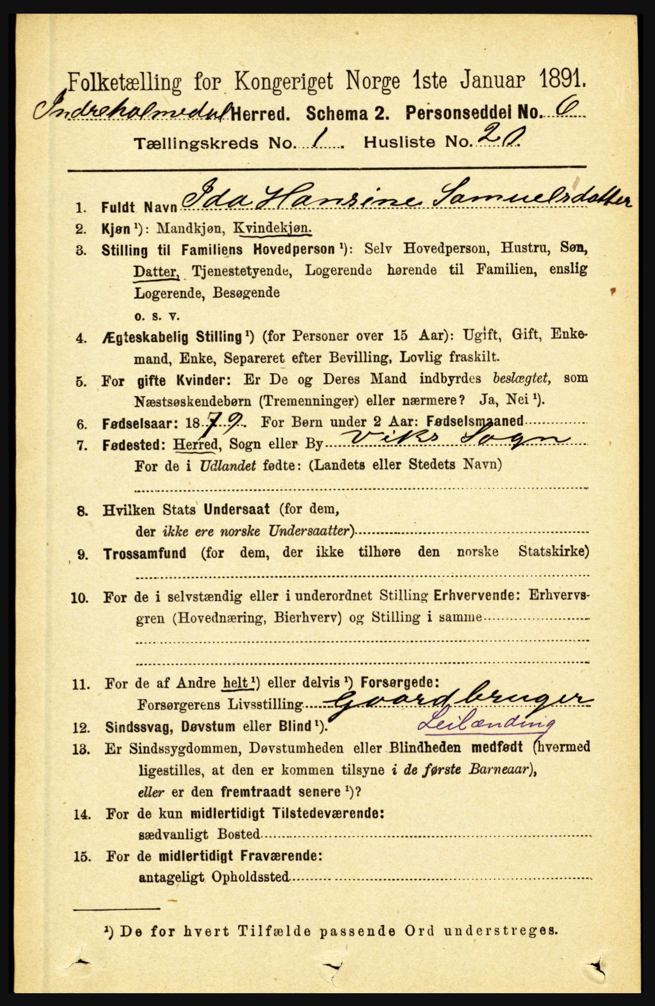 RA, 1891 census for 1430 Indre Holmedal, 1891, p. 212