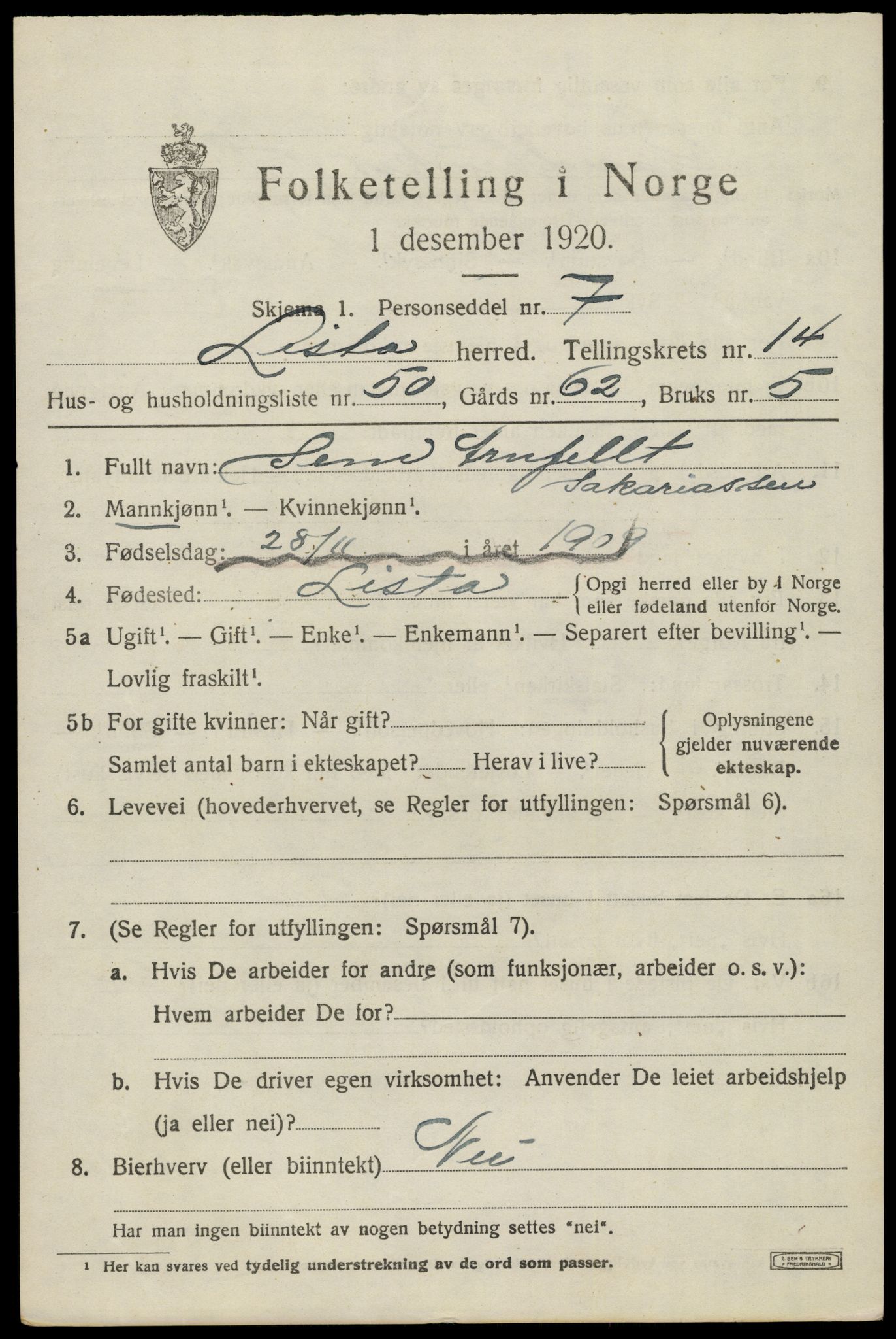 SAK, 1920 census for Lista, 1920, p. 12573