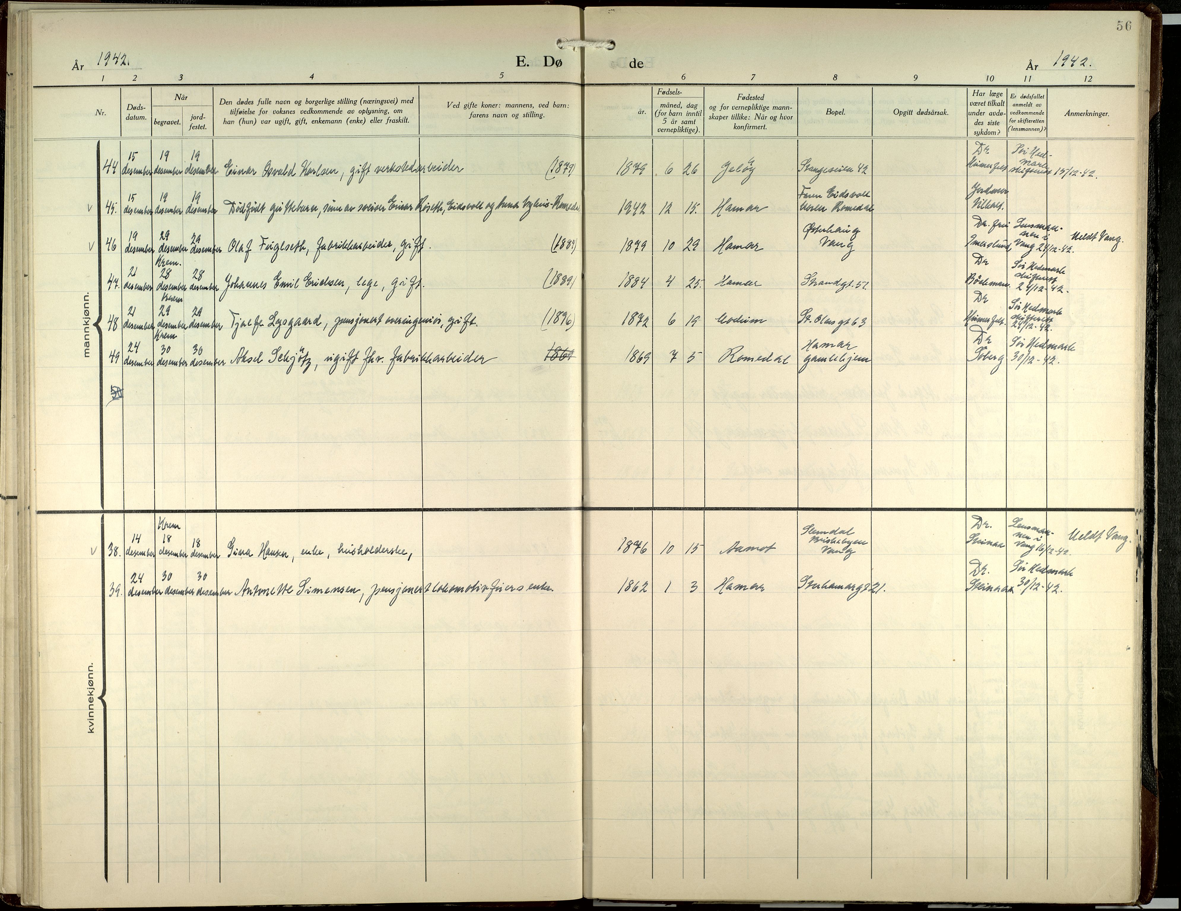 Hamar prestekontor, AV/SAH-DOMPH-002/H/Ha/Haa/L0007: Parish register (official) no. 7, 1933-1953, p. 56