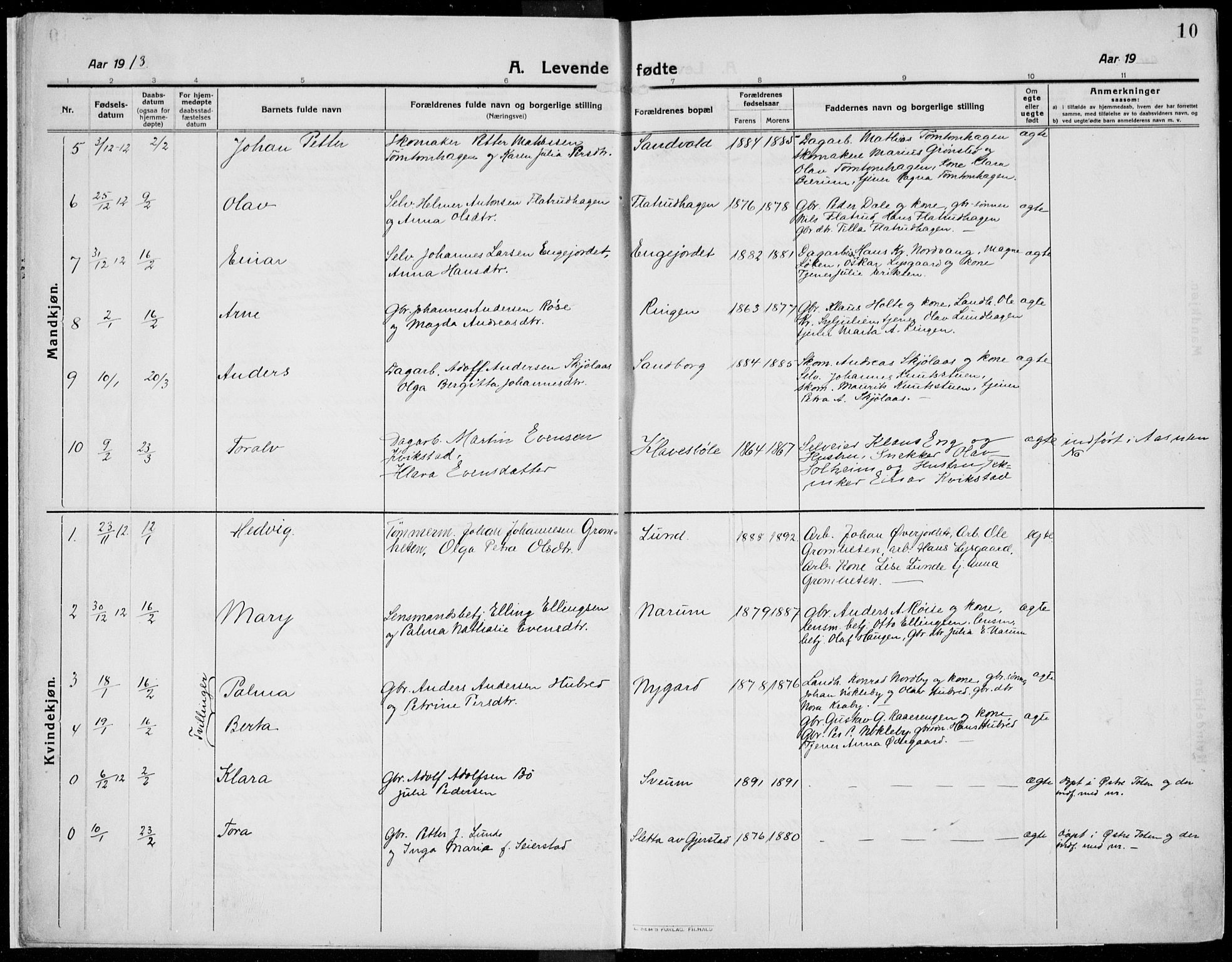 Kolbu prestekontor, AV/SAH-PREST-110/H/Ha/Haa/L0002: Parish register (official) no. 2, 1912-1926, p. 10