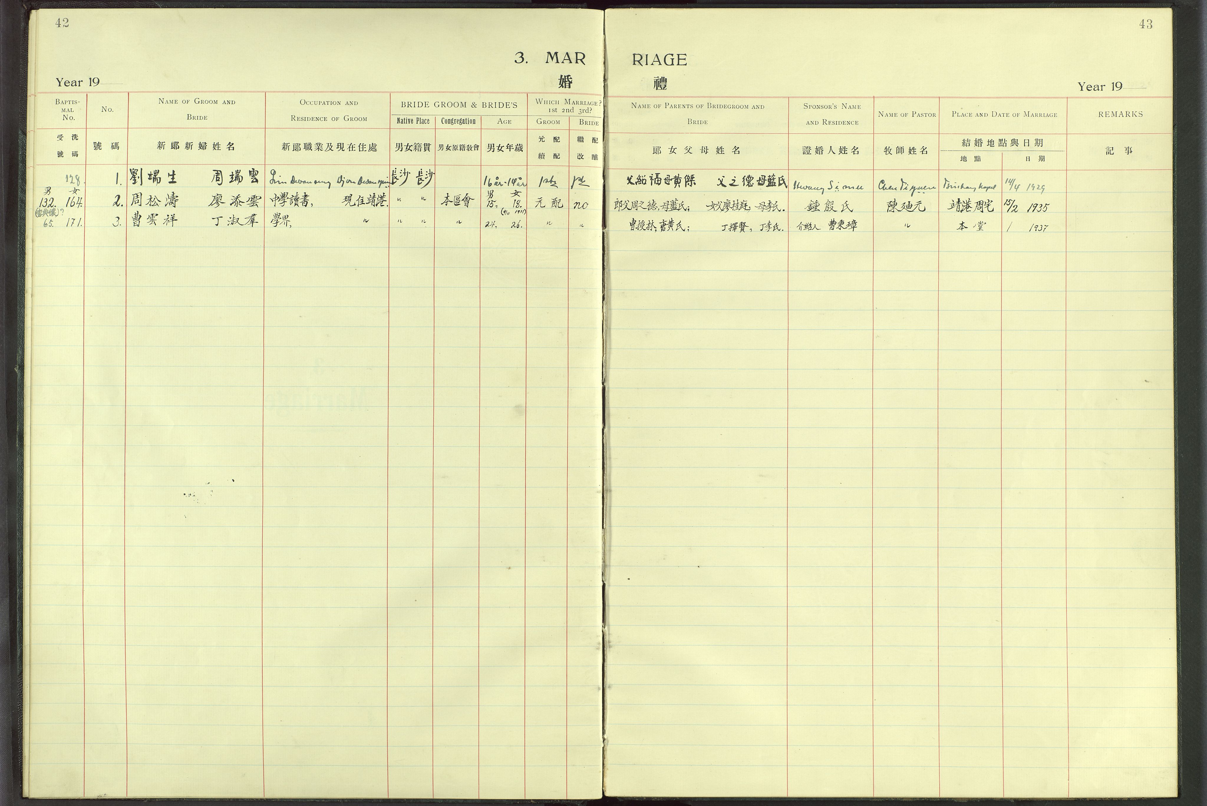 Det Norske Misjonsselskap - utland - Kina (Hunan), VID/MA-A-1065/Dm/L0008: Parish register (official) no. 53, 1906-1948, p. 42-43