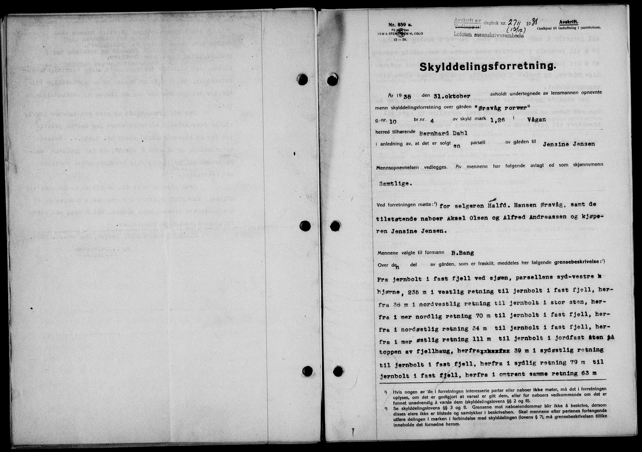 Lofoten sorenskriveri, SAT/A-0017/1/2/2C/L0005a: Mortgage book no. 5a, 1939-1939, Diary no: : 2711/1938