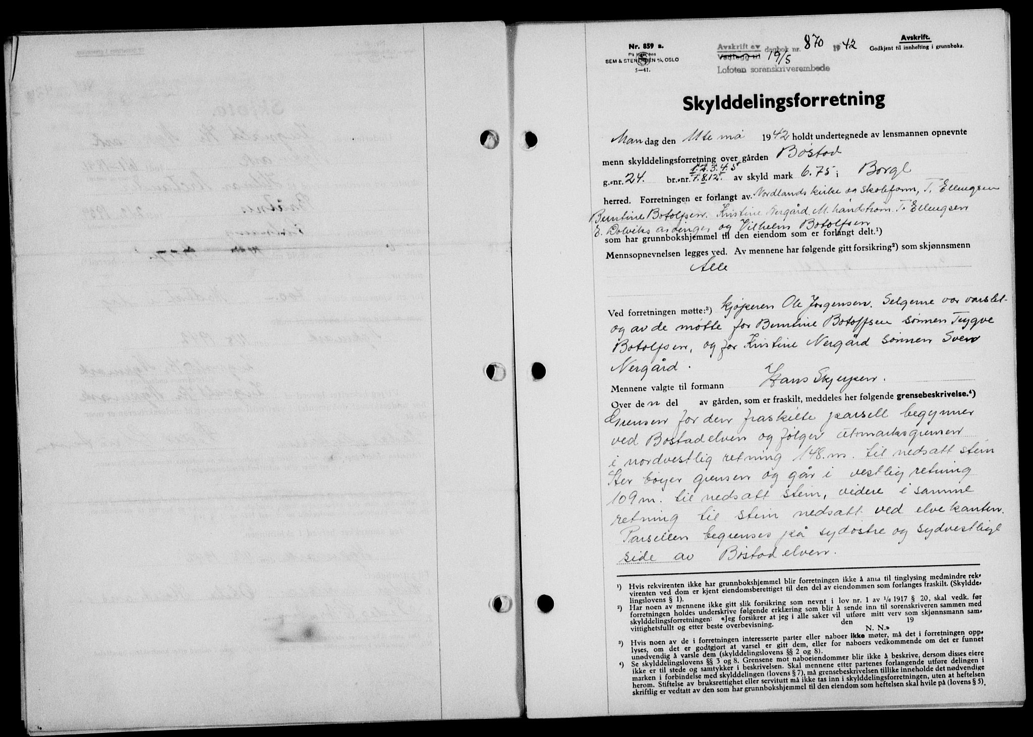 Lofoten sorenskriveri, SAT/A-0017/1/2/2C/L0009a: Mortgage book no. 9a, 1941-1942, Diary no: : 870/1942