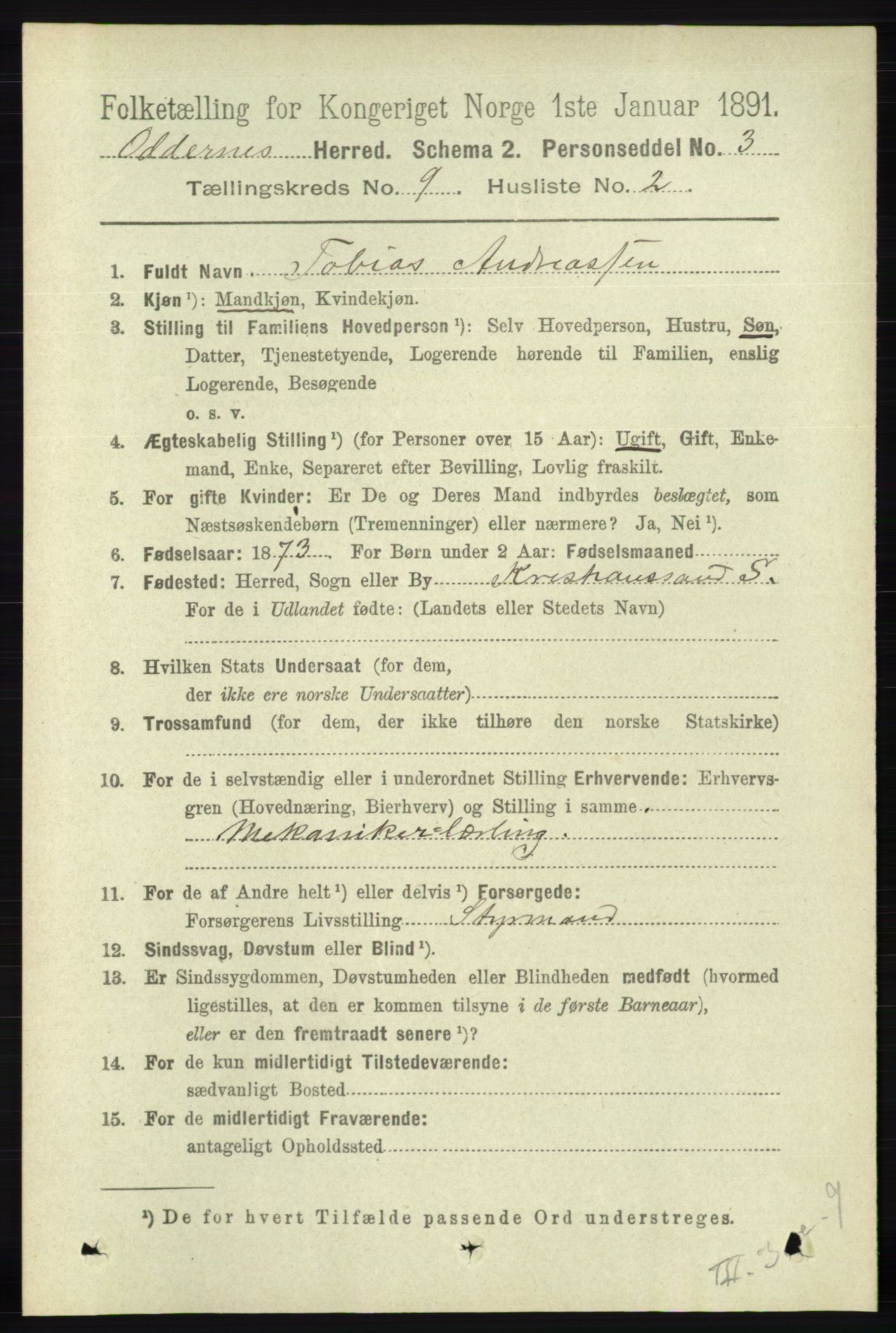 RA, 1891 census for 1012 Oddernes, 1891, p. 3270