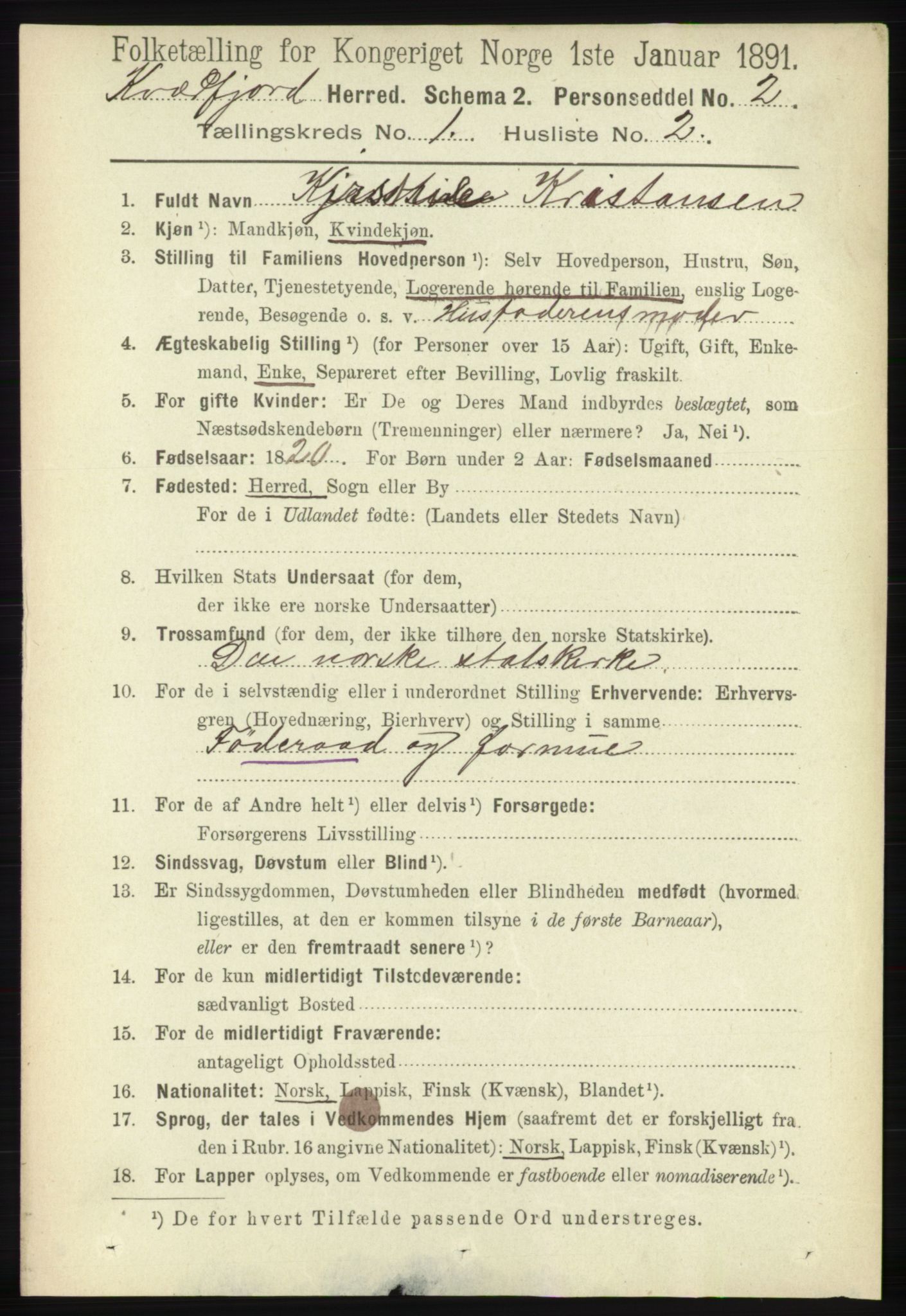 RA, 1891 census for 1911 Kvæfjord, 1891, p. 101