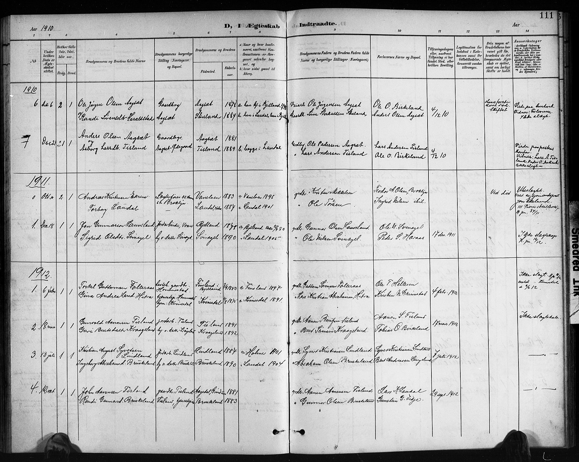 Holum sokneprestkontor, SAK/1111-0022/F/Fb/Fbb/L0004: Parish register (copy) no. B 4, 1899-1920, p. 111