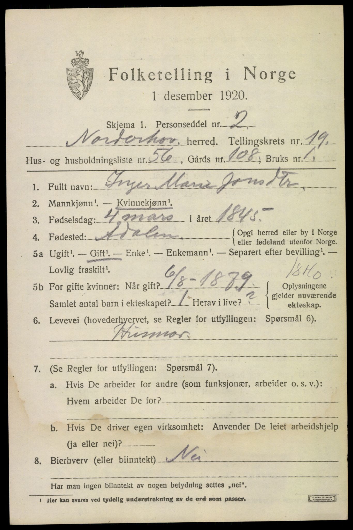 SAKO, 1920 census for Norderhov, 1920, p. 20964
