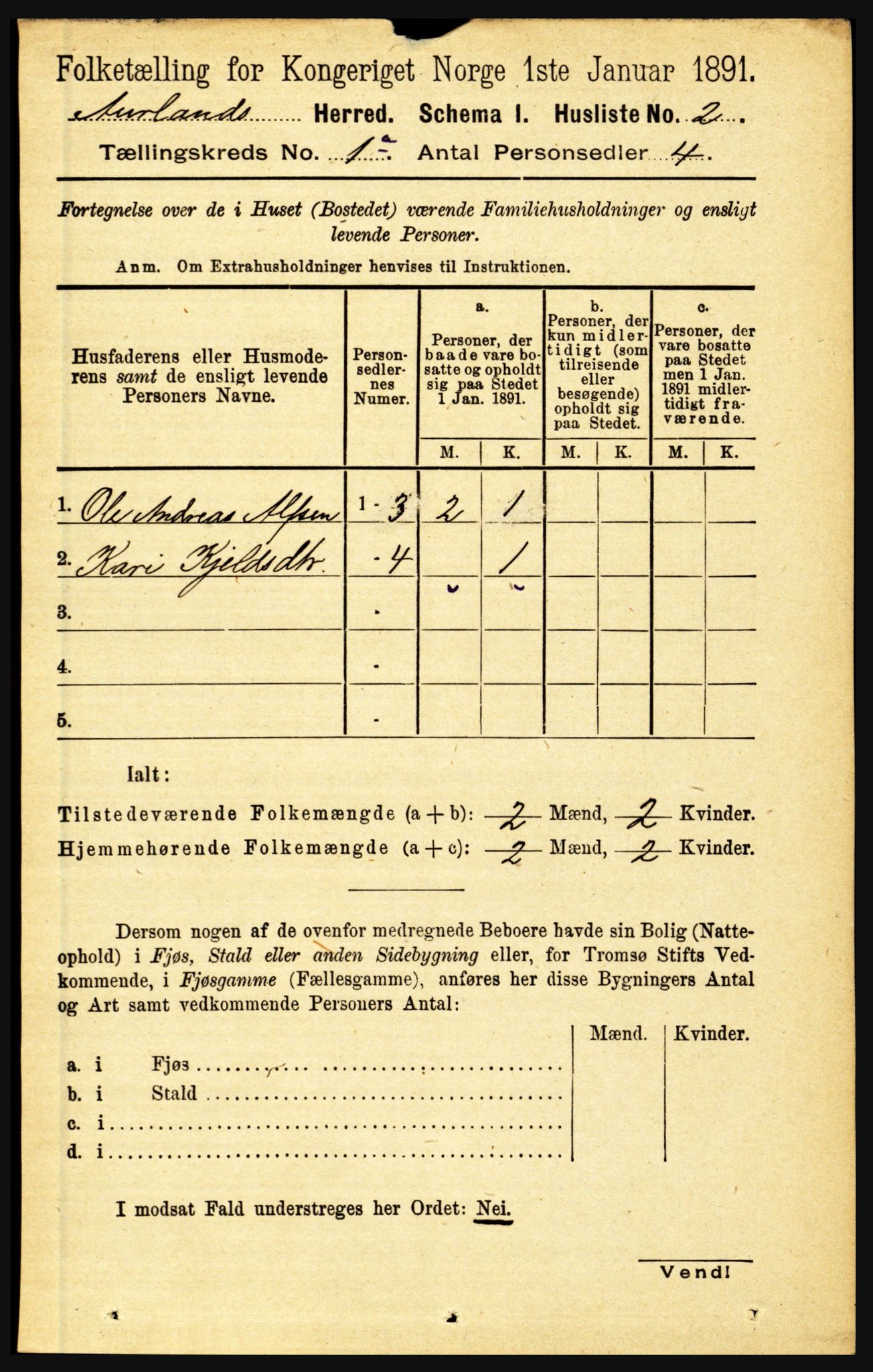 RA, 1891 census for 1421 Aurland, 1891, p. 21