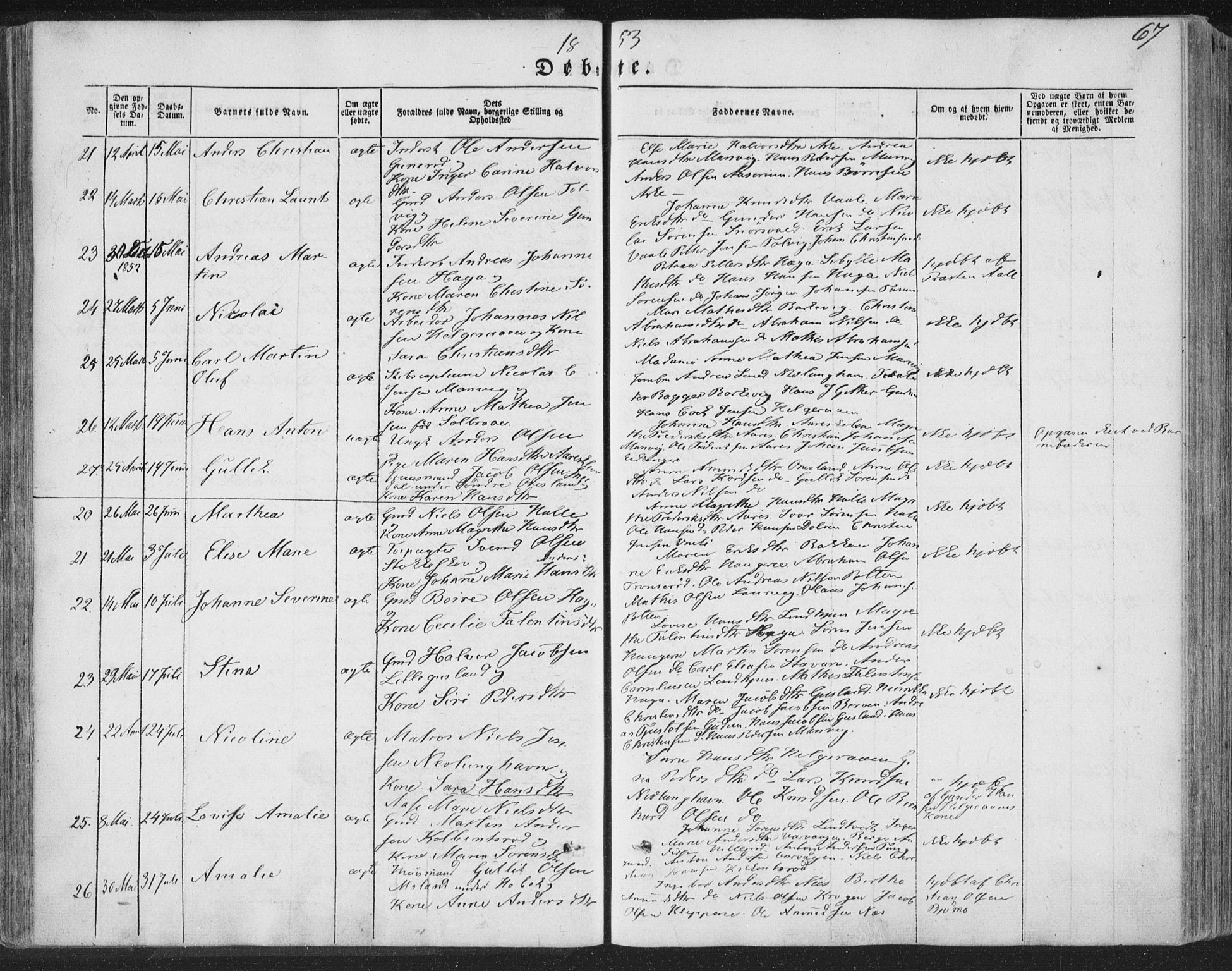 Brunlanes kirkebøker, AV/SAKO-A-342/F/Fa/L0004: Parish register (official) no. I 4, 1846-1862, p. 67