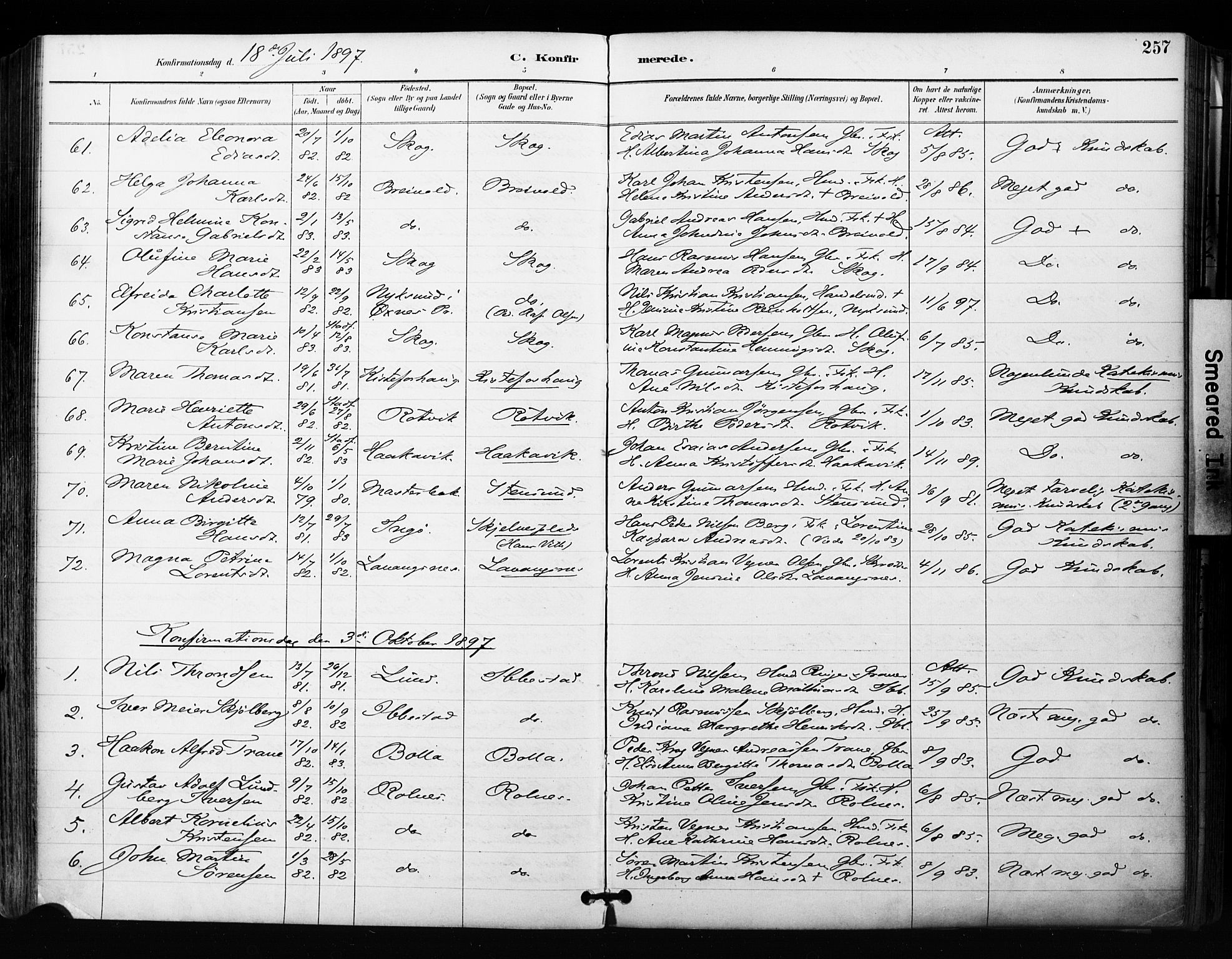 Ibestad sokneprestembete, SATØ/S-0077/H/Ha/Haa/L0012kirke: Parish register (official) no. 12, 1890-1900, p. 257