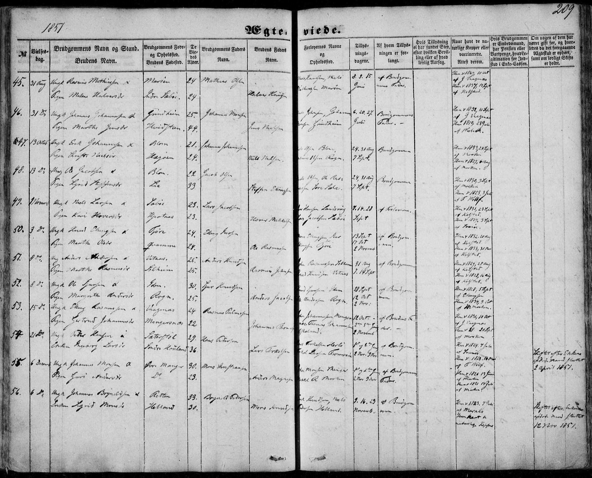 Manger sokneprestembete, SAB/A-76801/H/Haa: Parish register (official) no. A 6, 1849-1859, p. 209