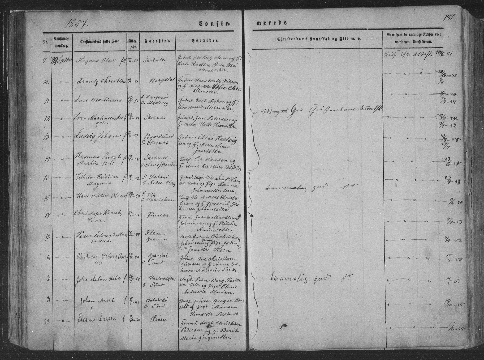 Ministerialprotokoller, klokkerbøker og fødselsregistre - Nordland, AV/SAT-A-1459/881/L1165: Parish register (copy) no. 881C02, 1854-1876, p. 187