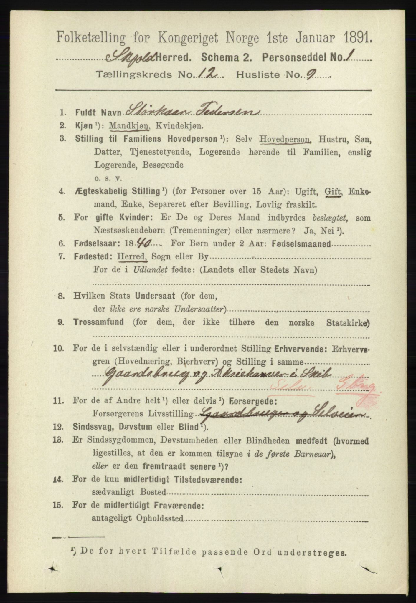 RA, 1891 census for 1154 Skjold, 1891, p. 2288