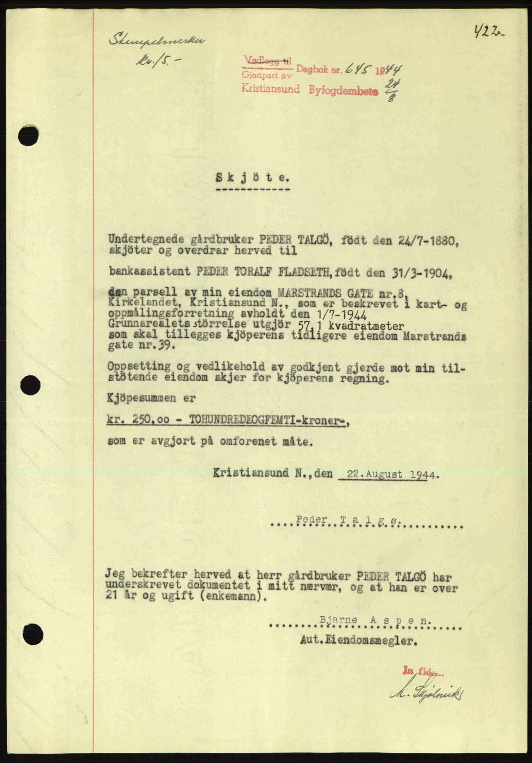 Kristiansund byfogd, AV/SAT-A-4587/A/27: Mortgage book no. 34, 1941-1945, Diary no: : 645/1944