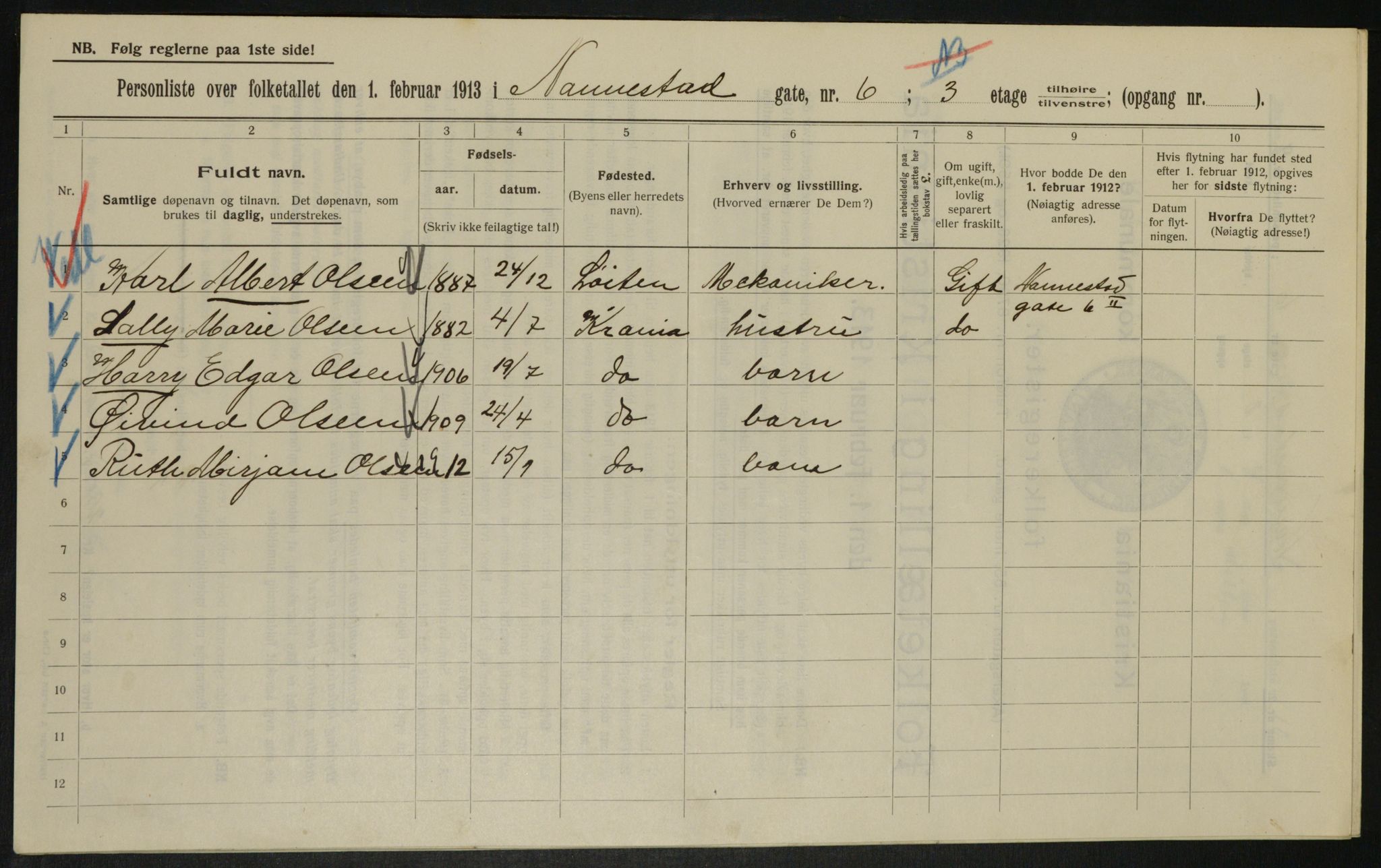 OBA, Municipal Census 1913 for Kristiania, 1913, p. 69091