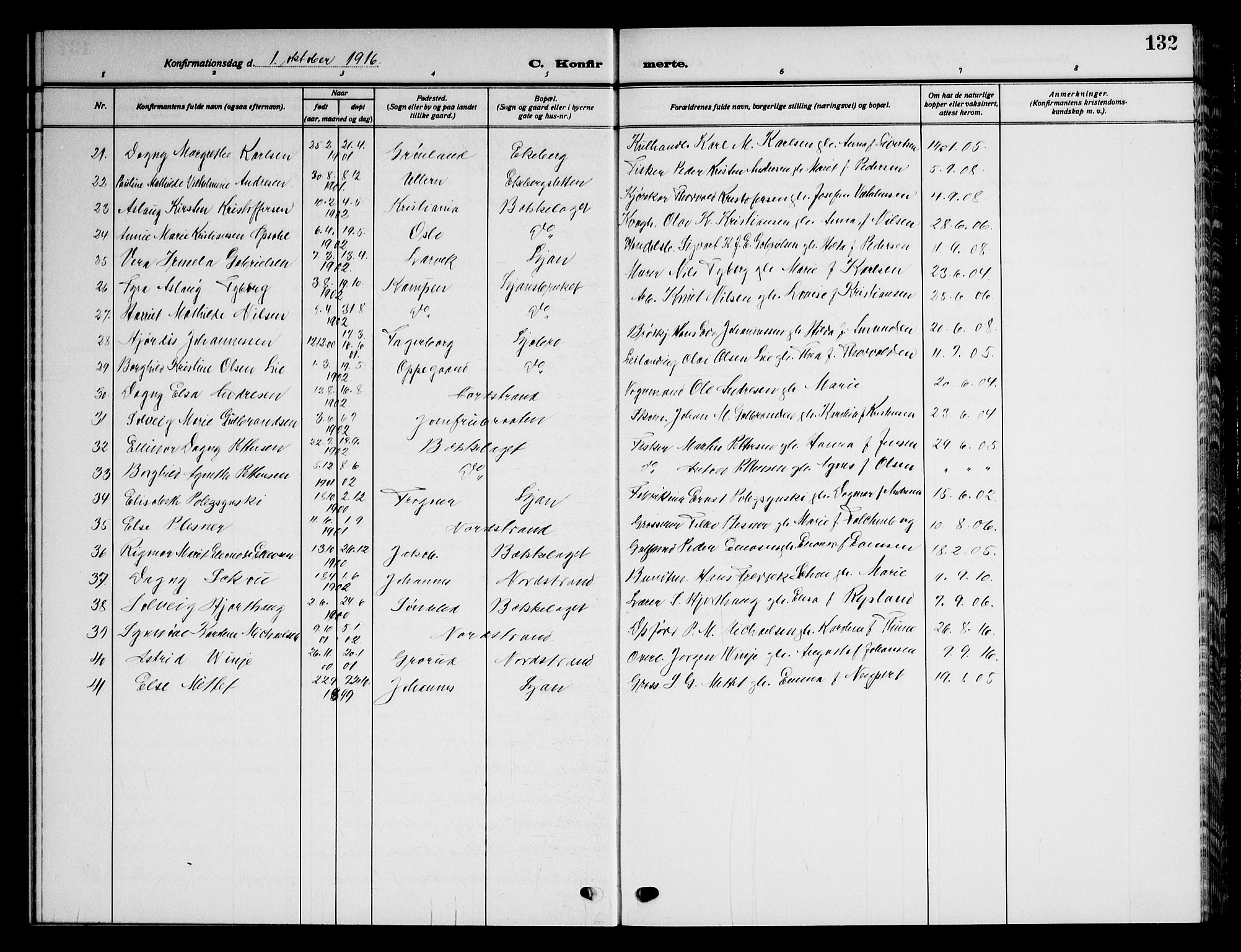 Nordstrand prestekontor Kirkebøker, AV/SAO-A-10362a/G/Ga/L0001: Parish register (copy) no. I 1, 1911-1918, p. 132