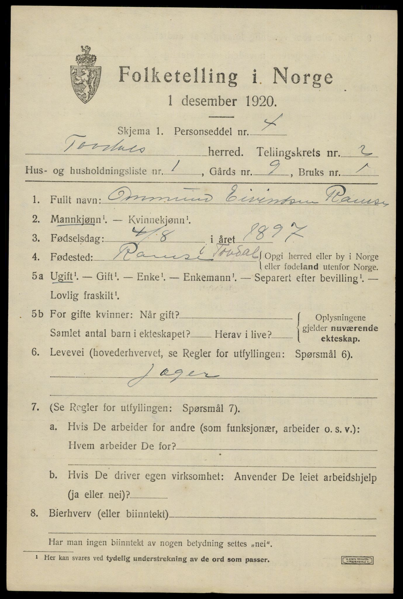 SAK, 1920 census for Tovdal, 1920, p. 329